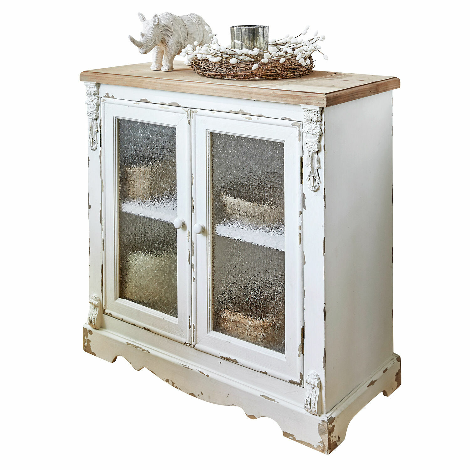 Kast South Yarmouth Witte vintage houten kast met glazen deuren en naturel houten blad, woonkamermeubel