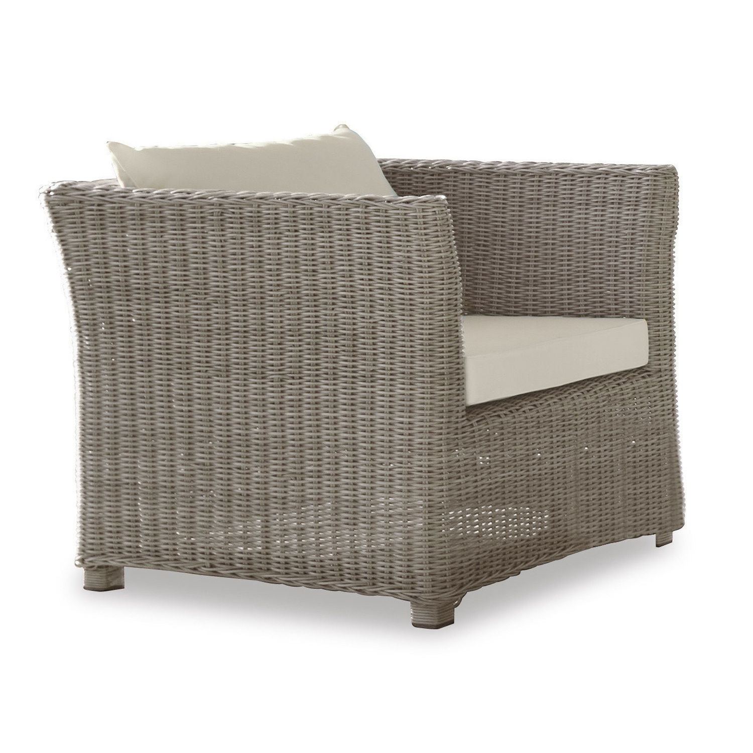 Fauteuil en rotin gris avec coussins crème, parfait pour le jardin ou la terrasse