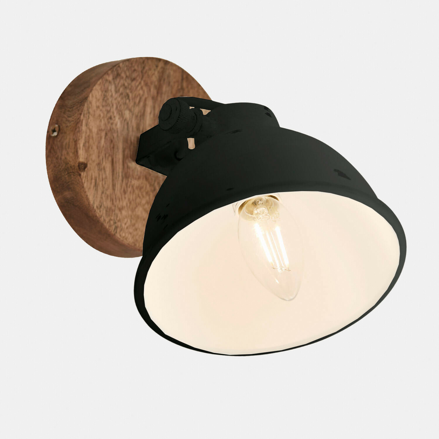 antiekzwart/bruin Zwarte metalen wandlamp met bruine houten basis, industriële vintage stijl