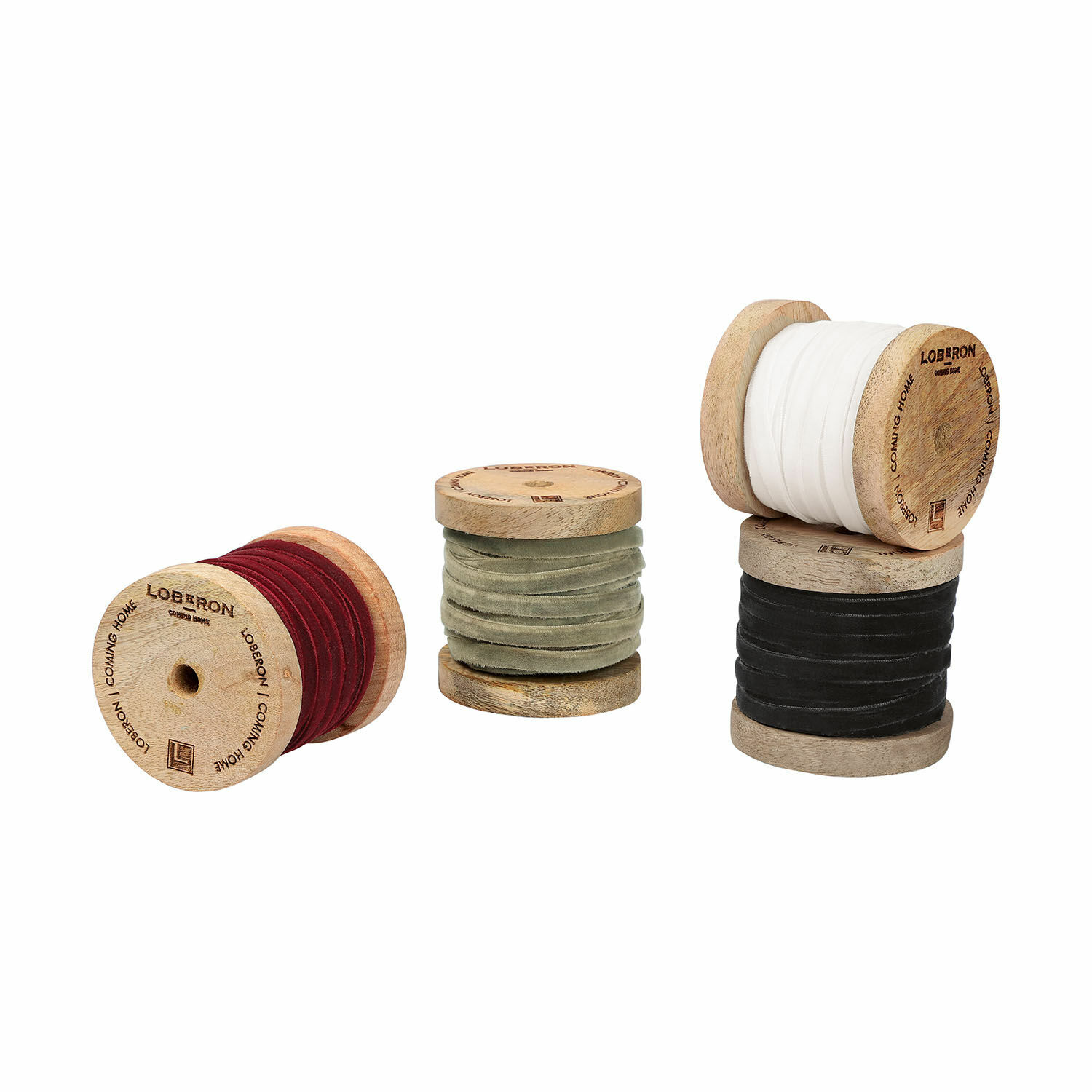 bont Set van 4 gekleurde fluwelen linten op houten spoelen voor decoratie en knutselen