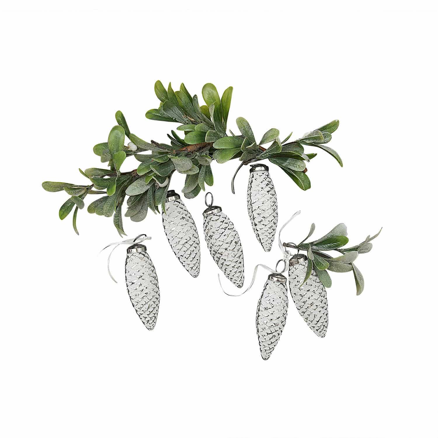 Lot de 6 décorations à suspendre Fréderise Décorations en forme de pommes de pin en verre transparent avec feuillage vert pour décoration festive