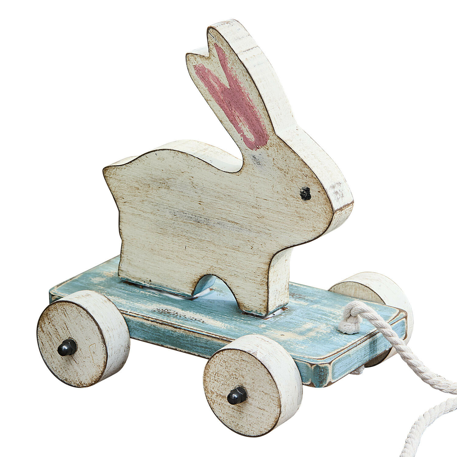 Trekfiguurtje Moiraine Houten wit konijn op blauwe ondergrond met wielen en trekkoord, kinderspeelgoed