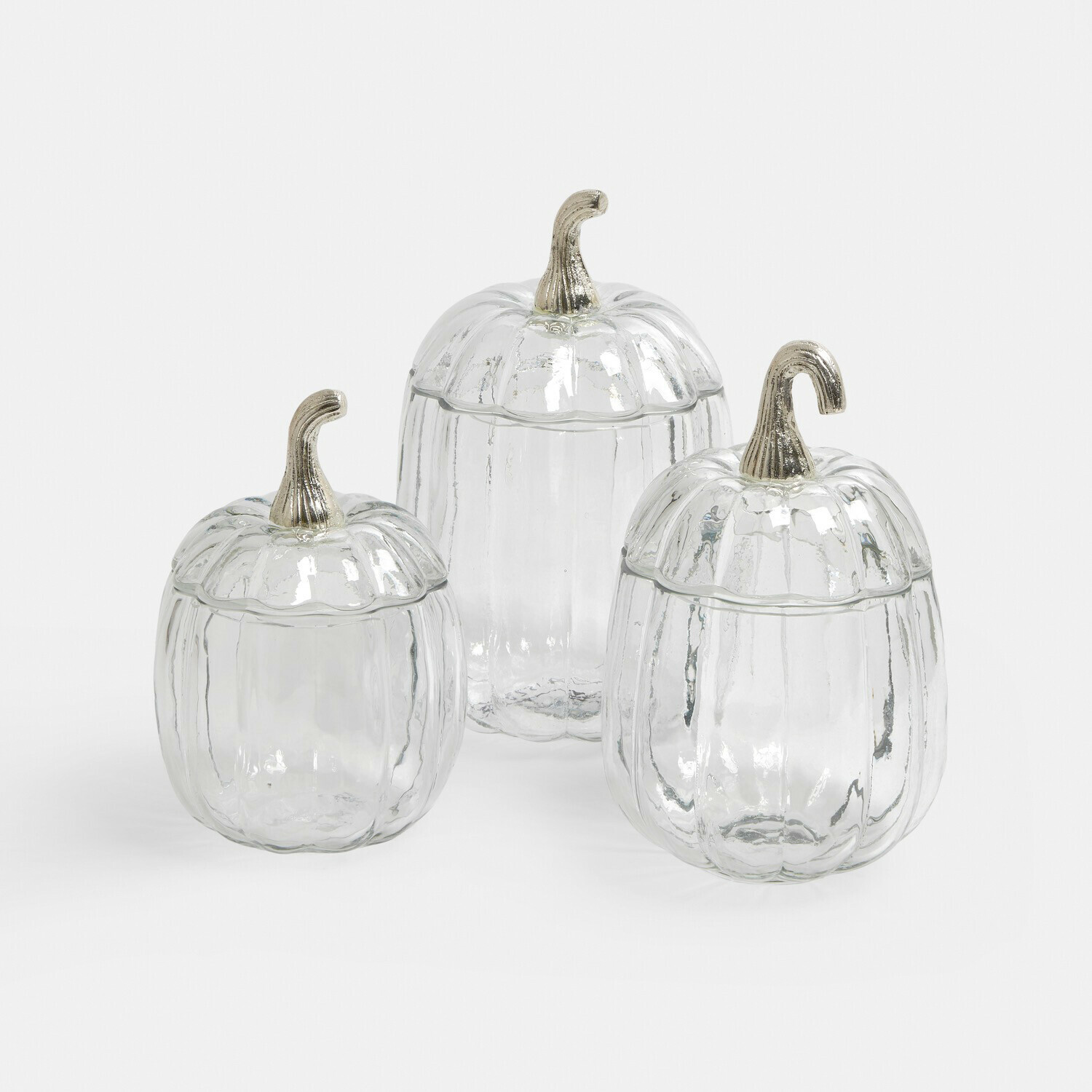 Glazen pot set van 3 Alérisse Set van drie doorzichtige glazen potten in pompoenvorm met zilverkleurige metalen deksels