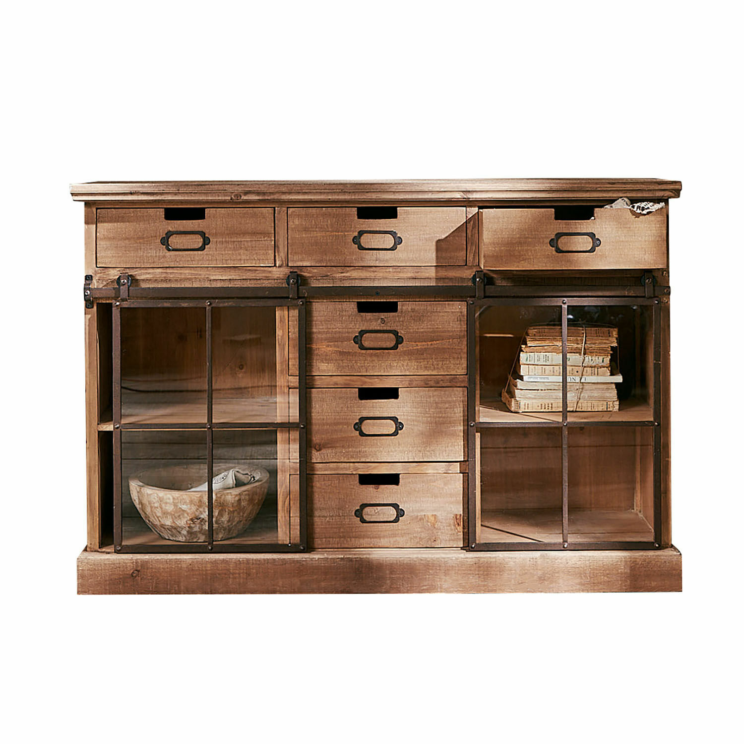 Buffet bas Finegand Buffet en bois naturel avec tiroirs et portes vitrées, meuble de rangement rustique