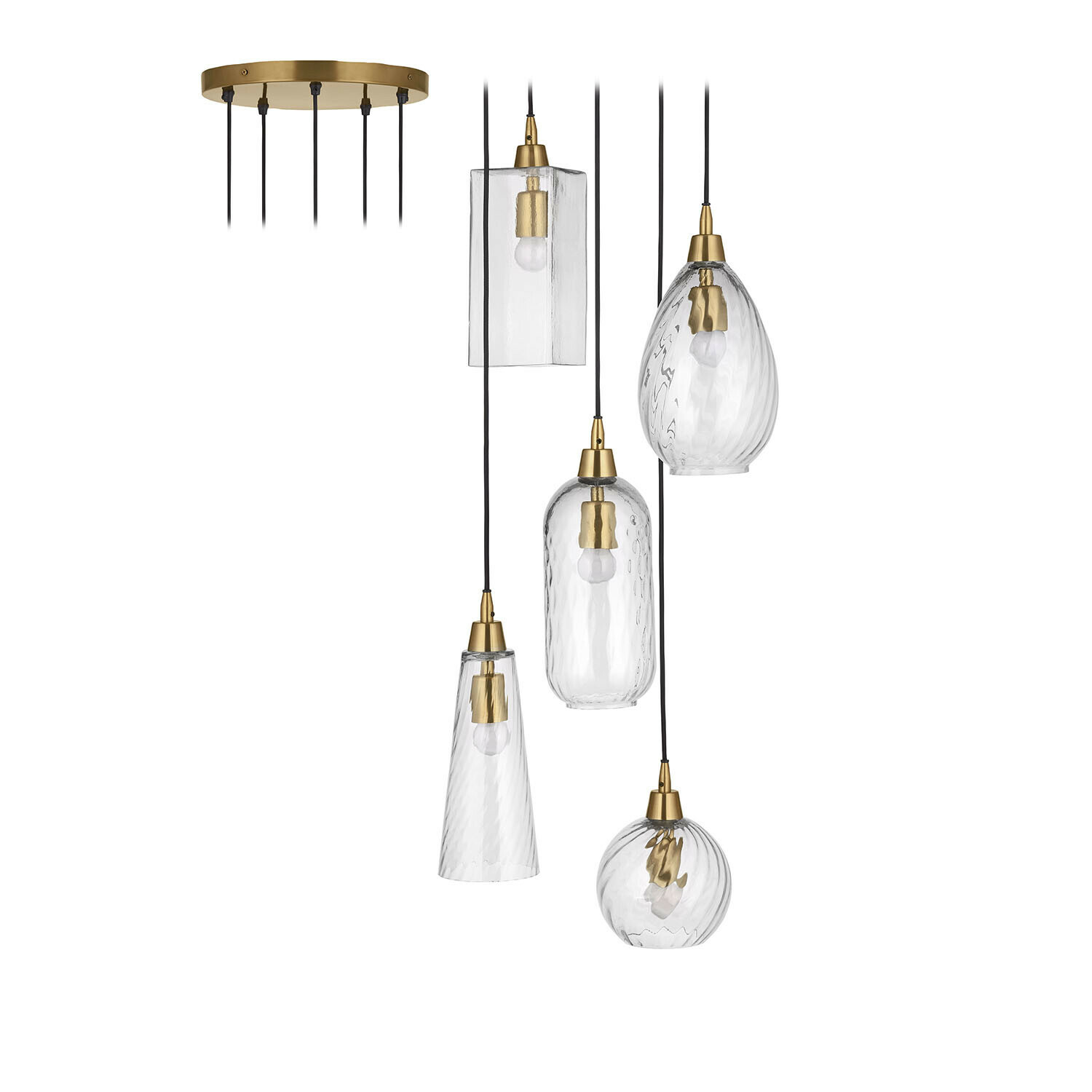 Lampe à suspendre Brightmoor Suspension moderne avec cinq abat-jours en verre et éléments en laiton, éclairage intérieur élégant