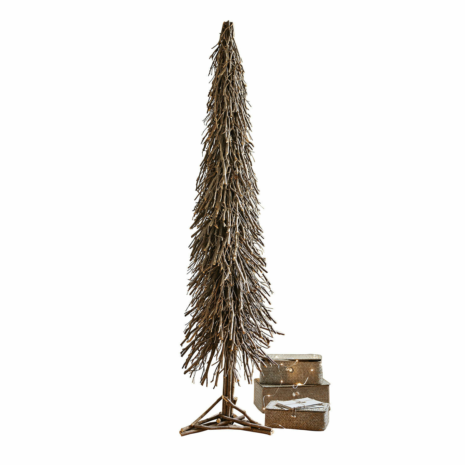 Sapin décoratif Sullivan Grand sapin décoratif en branches naturelles marron avec boîtes cadeaux assorties