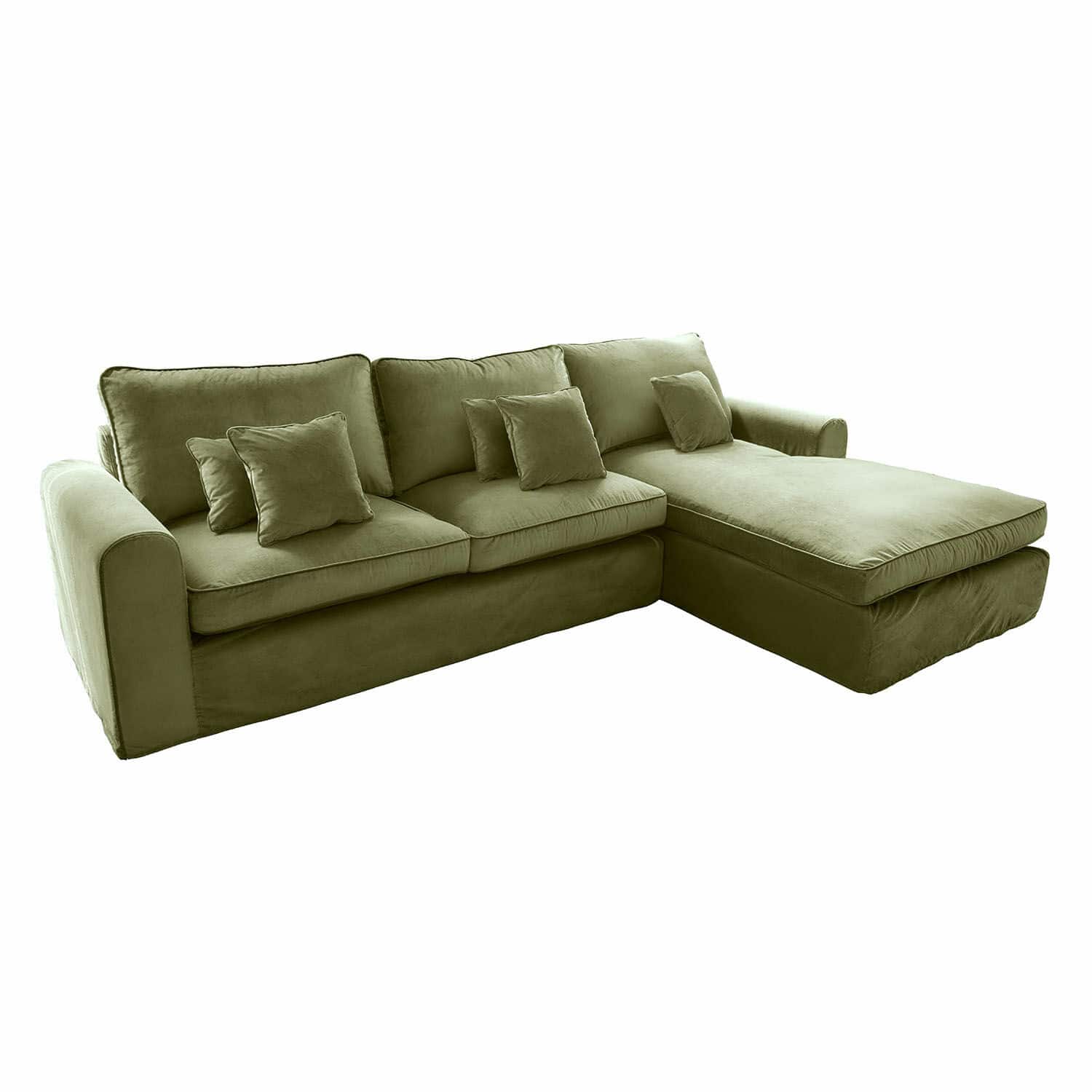 Canapé d'angle en velours vert avec coussins, meuble confortable pour salon moderne