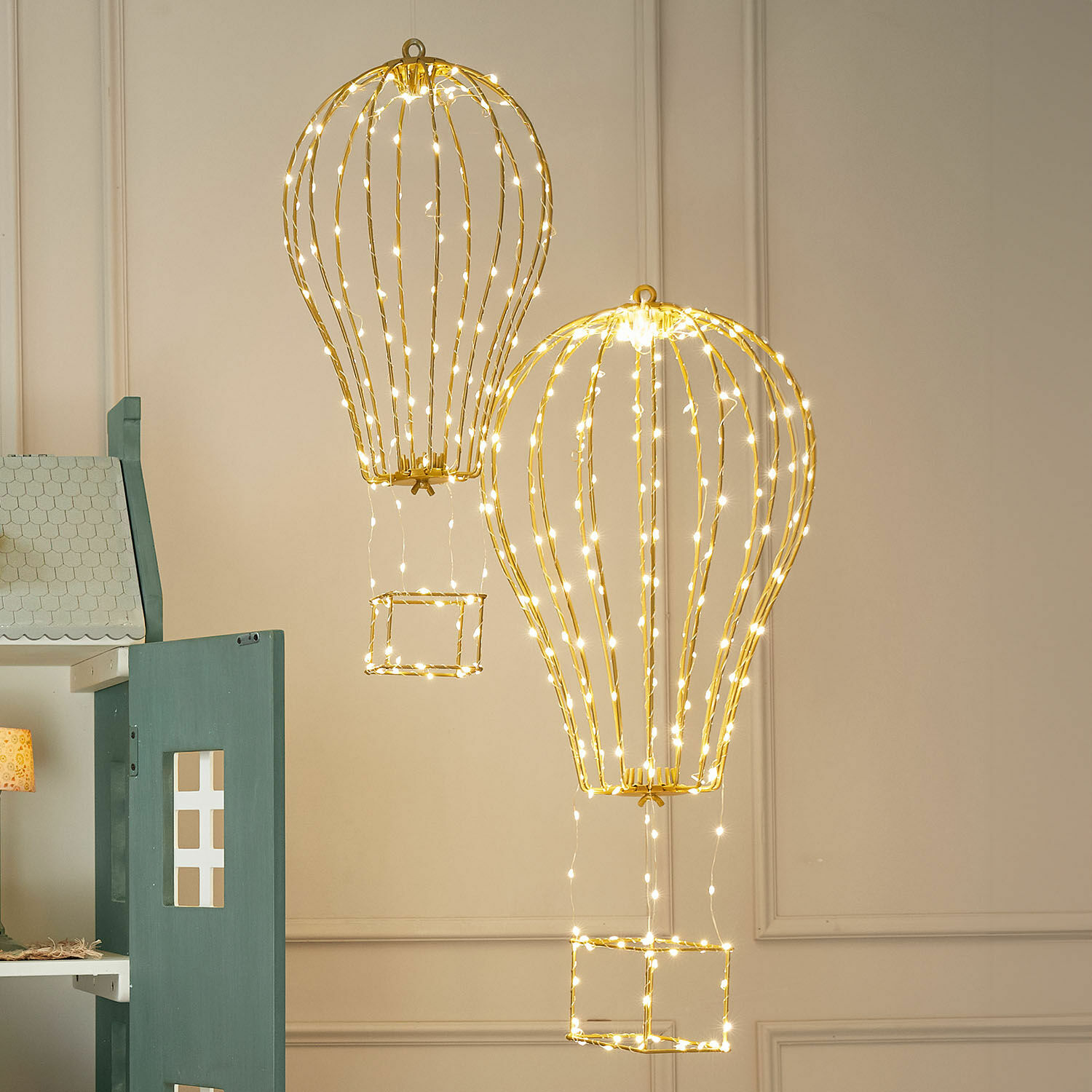Ledluchtballon set van 2 Bylle Decoratieve luchtballonlampen van goudkleurig metaal met warme LED-lichtslingers voor sfeerverlichting
