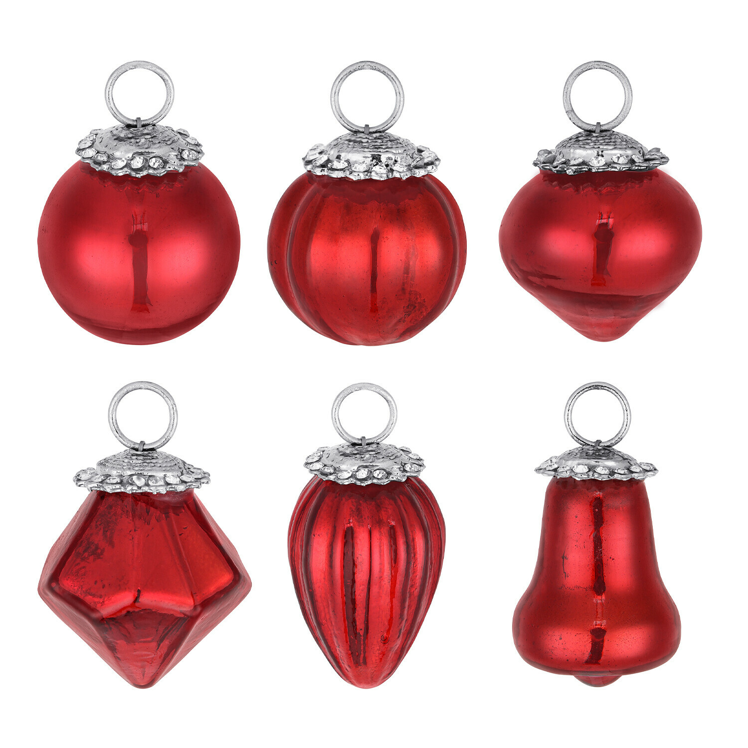 rood Set van 6 rode glazen kerstversieringen in verschillende vormen met metalen ophangringen