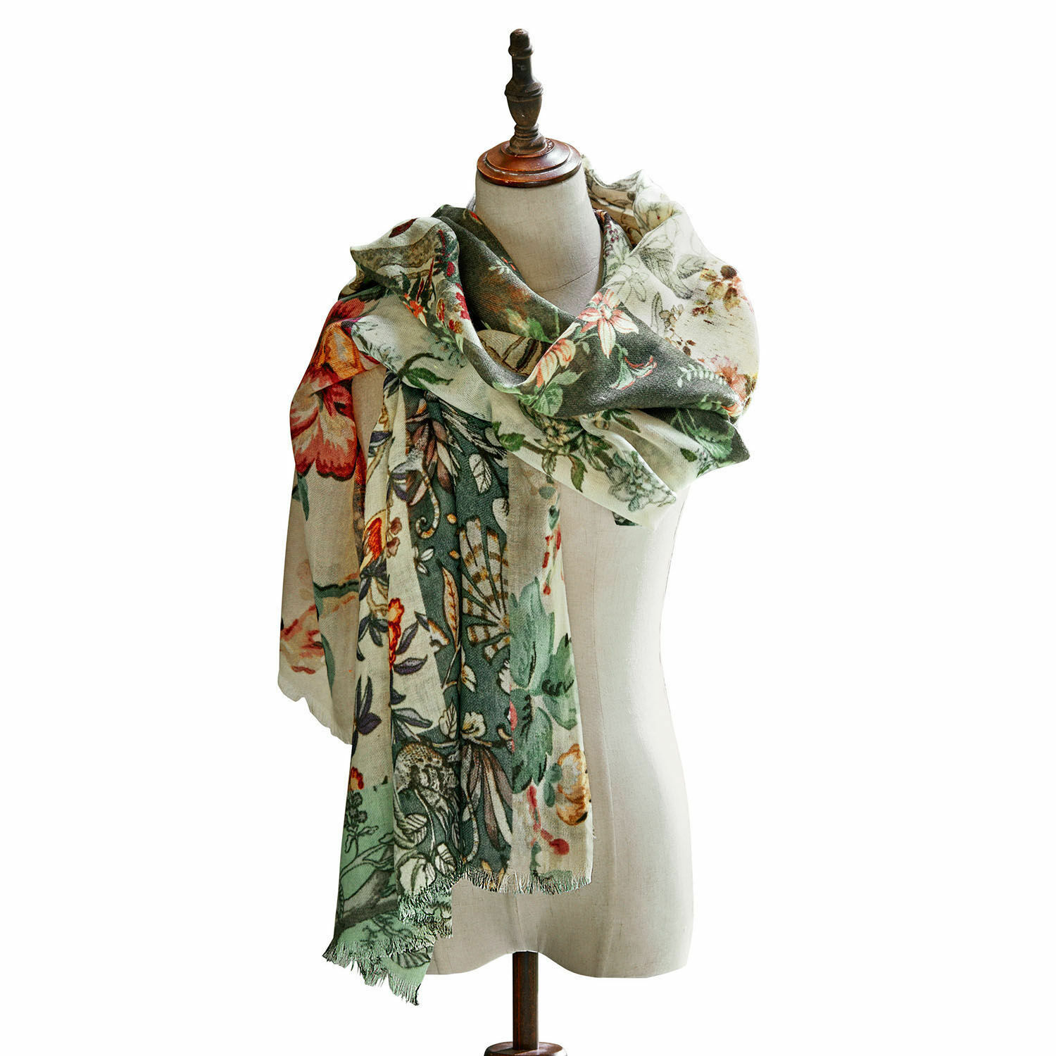 Étole Garnay Grand châle à motif floral vert et crème en tissu doux, accessoire de mode élégant