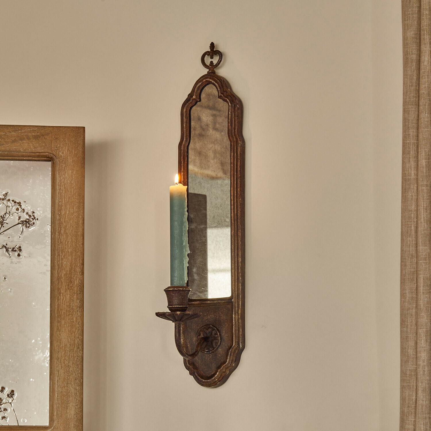 Porte-bougies Halimya Applique murale en métal rustique avec miroir et bougie verte, décoration murale vintage