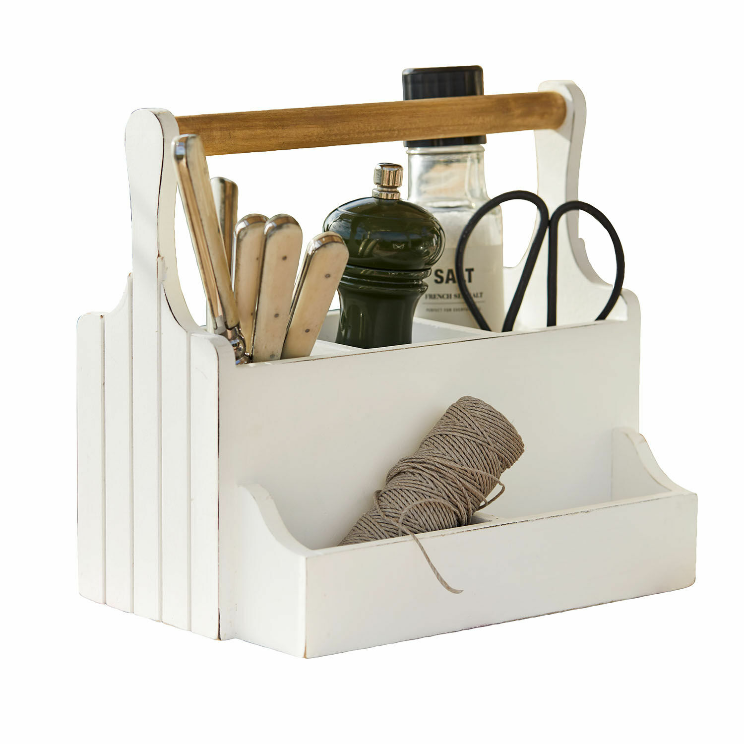 Rangement Dilvex Organisateur en bois blanc avec poignée et compartiments pour épices et ustensiles de cuisine