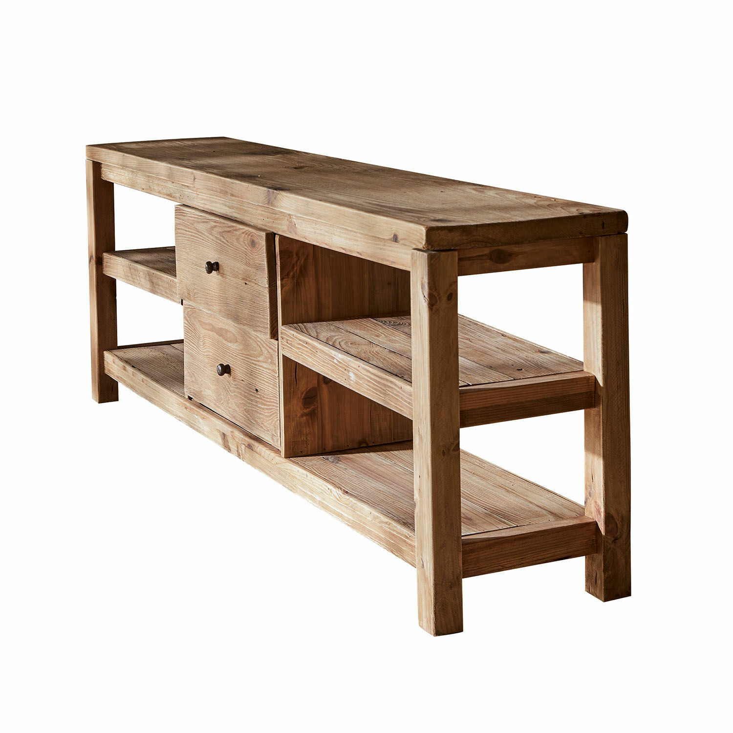 Buffet bas Ainvelle Table basse en bois naturel avec étagères et tiroirs, meuble en bois massif pour salon