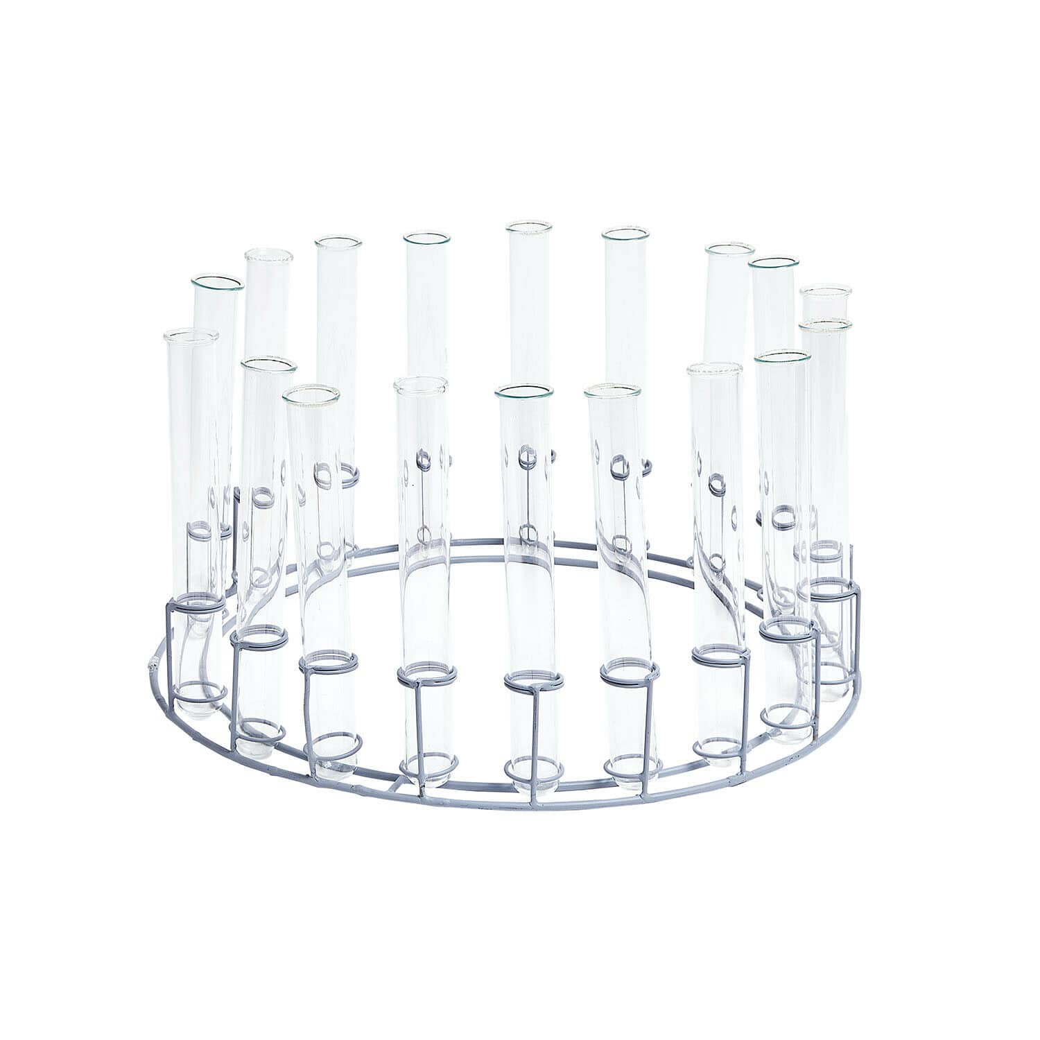 Ronde metalen houder met transparante glazen buisjes voor decoratie of bloemen