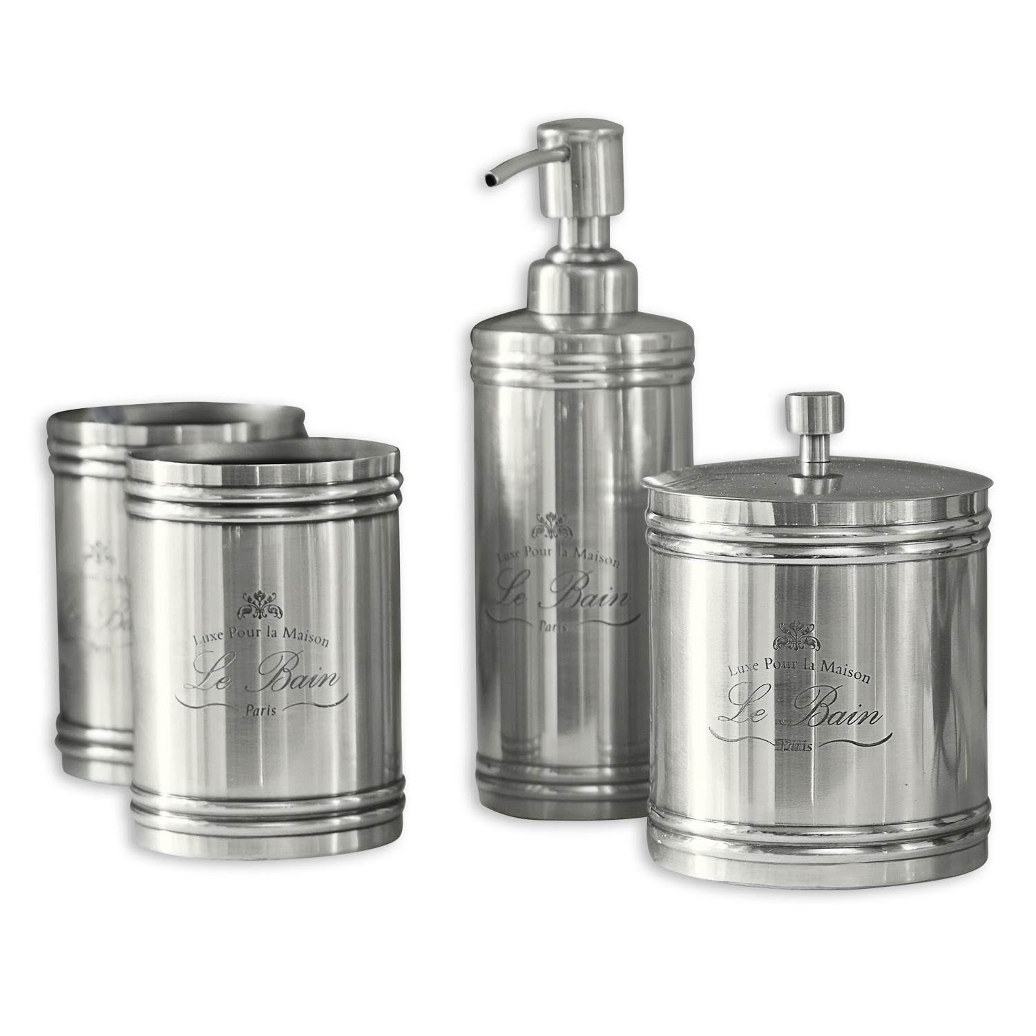 Ensemble de salle de bain en acier inoxydable argenté avec distributeur et pots pour cosmétiques