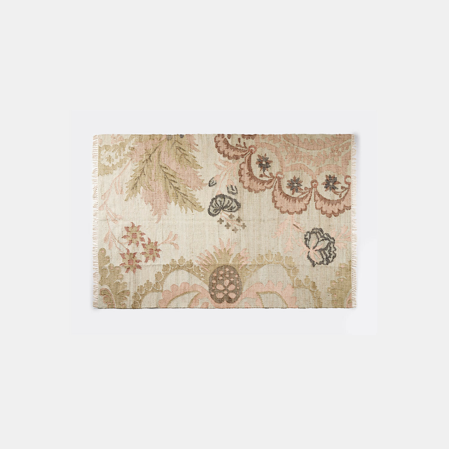Vloerkleed Amélorie Katoenen vloerkleed in beige met roze bloemenpatroon, decoratief en zacht voor woonkamer