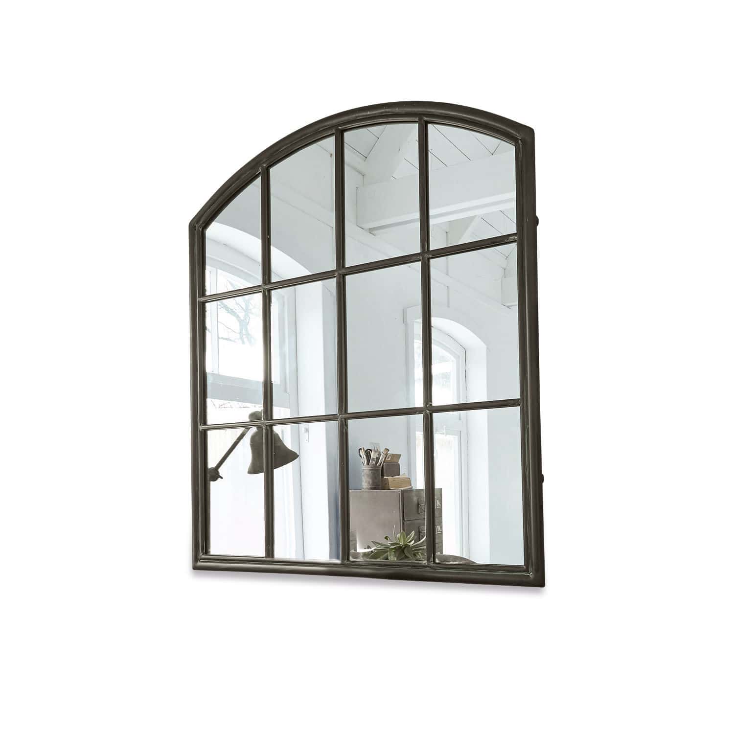 Spiegel Chloe Wandspiegel met antraciet metalen frame, boogvormig met vierkante onderverdeling voor interieurdecoratie