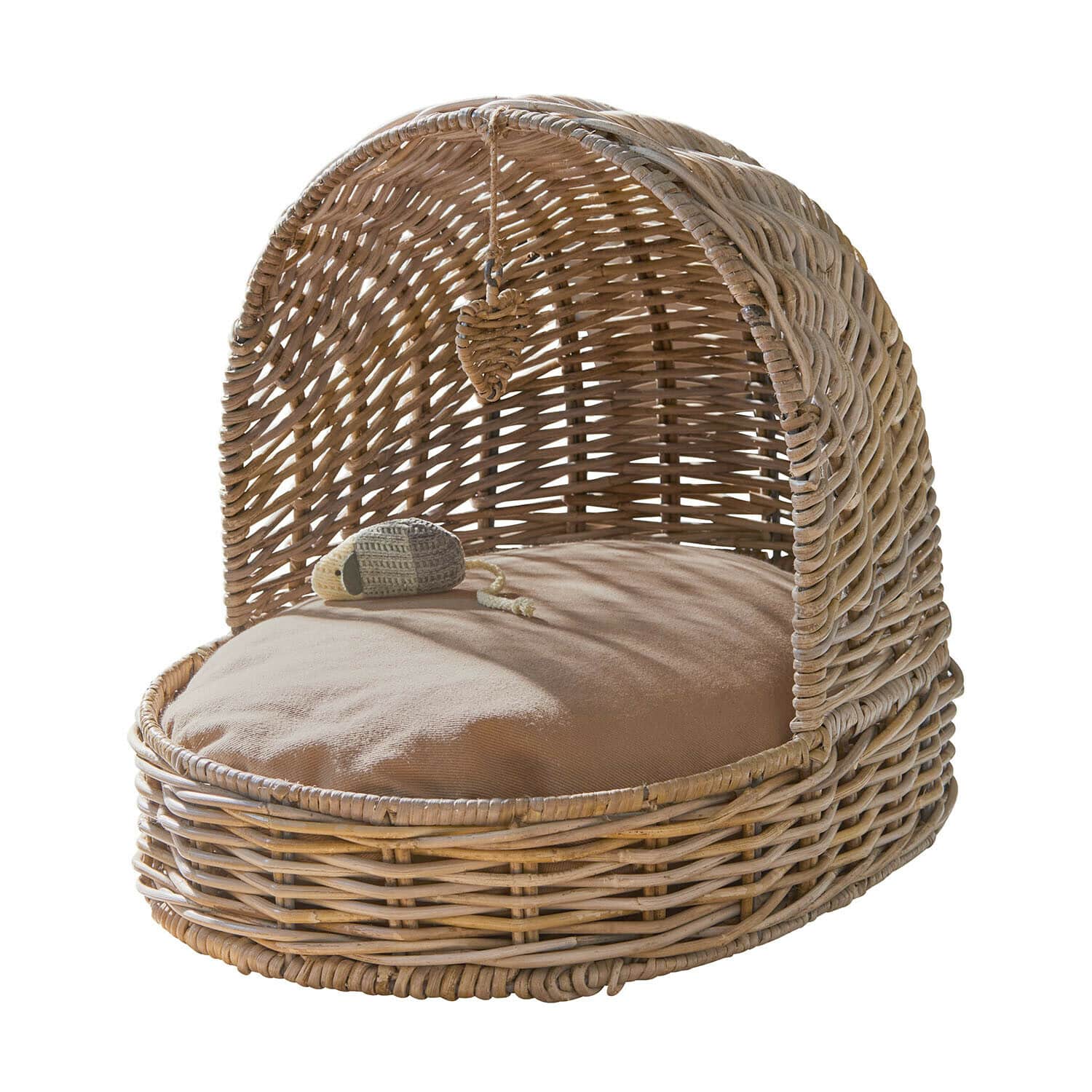 Mand voor huisdieren Charmoise Ronde rotan mand met beige kussen en muisspeelgoed, comfortabel huisdierbed