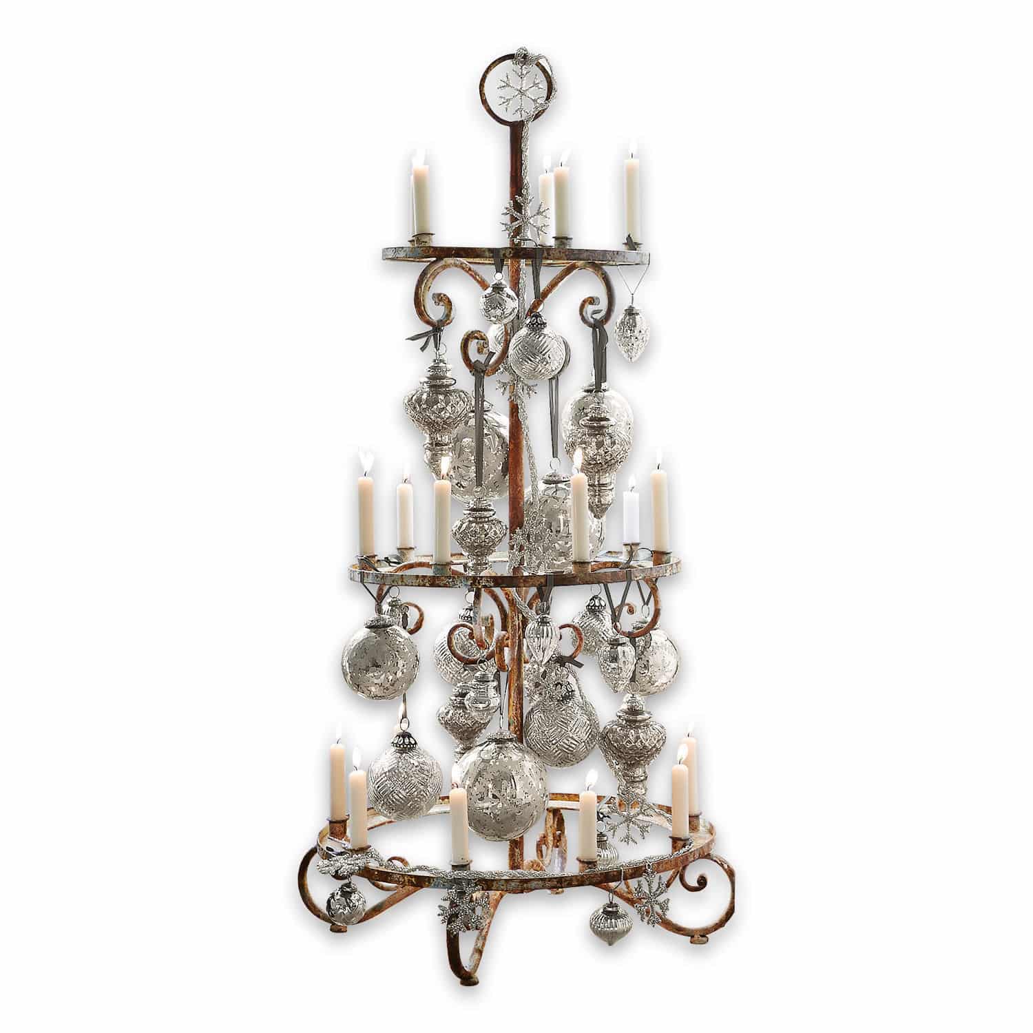 Sapin décoratif Sercoeur Chandelier en métal rustique avec décorations argentées et bougies blanches pour Noël