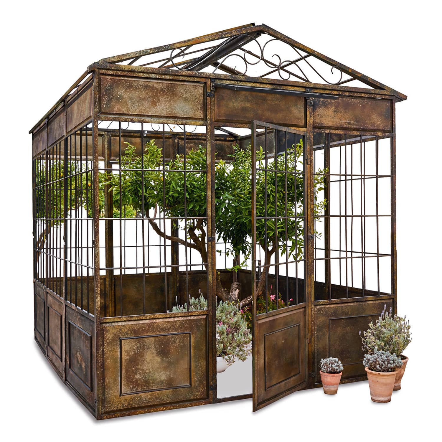 marron vieilli Pavillon en métal brun antique avec porte ouverte et plantes à l'intérieur pour jardin