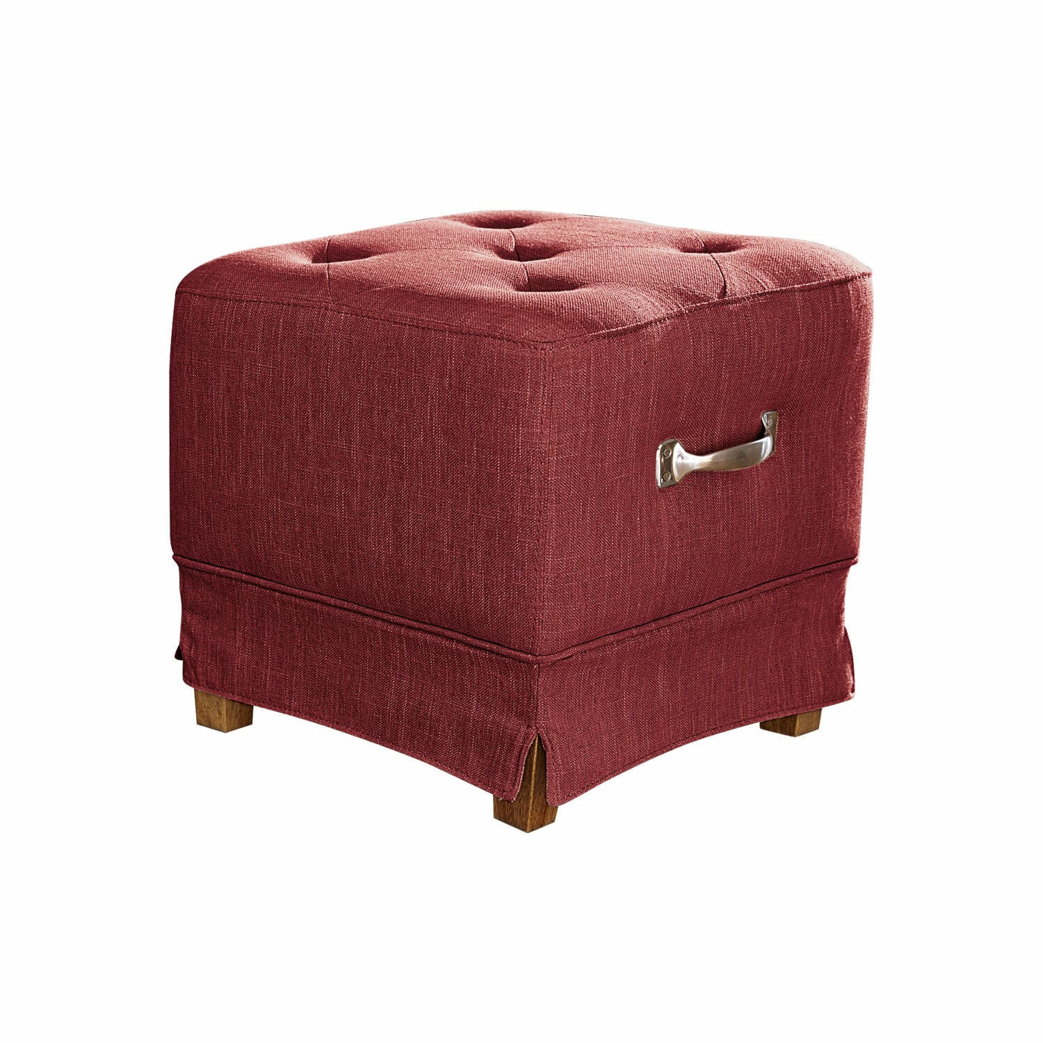 Pouf rouge Burke en tissu avec poignée et pieds en bois pour salon confortable