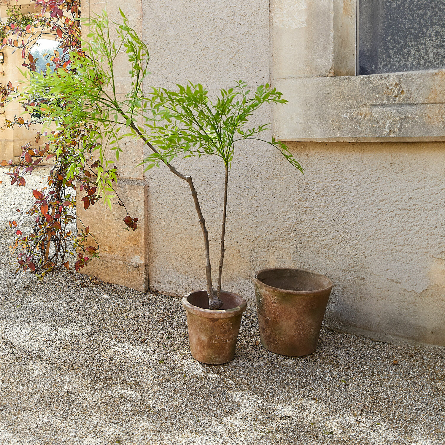 Plante en pot décorative 2d choix Avenelle Deux pots en terre cuite rustiques de couleur marron posés sur un sol gravillonné extérieur