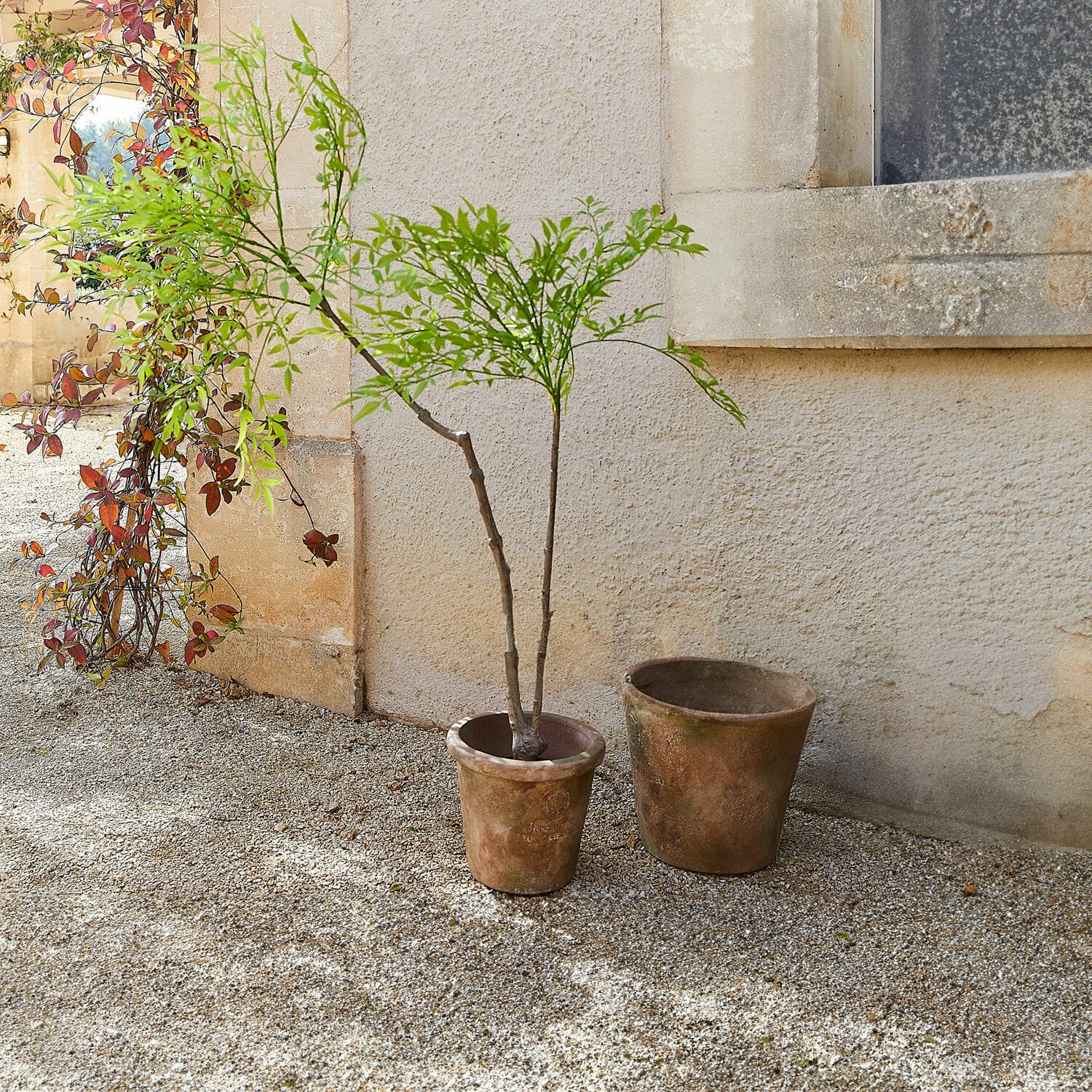 Plante en pot décorative 2d choix Avenelle Deux pots en terre cuite rustiques de couleur marron posés sur un sol gravillonné extérieur