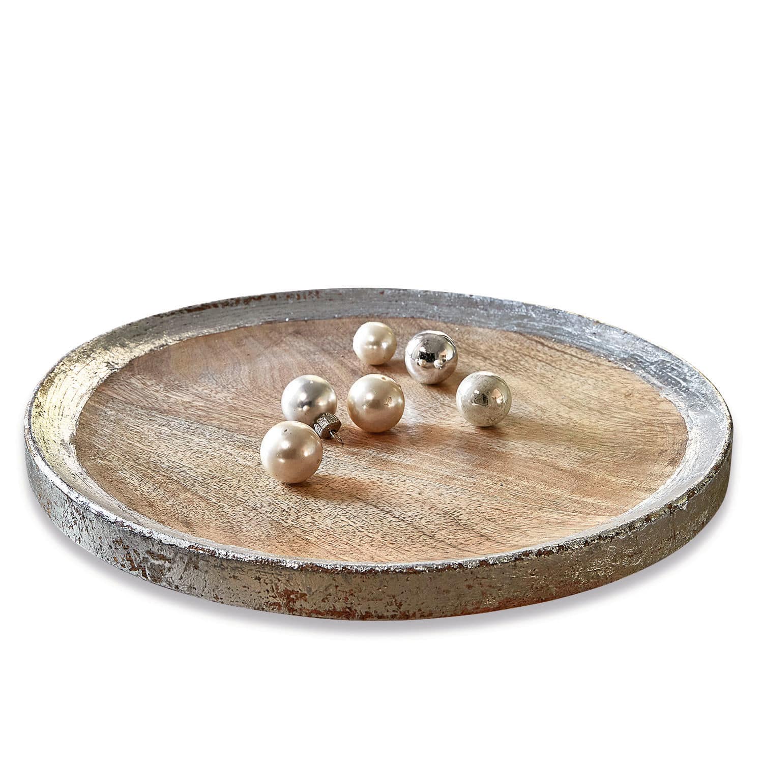Dienblad Yvo Ronde dienblad van mangohout met zilverkleurige metalen rand en decoratieve parelmoer ballen