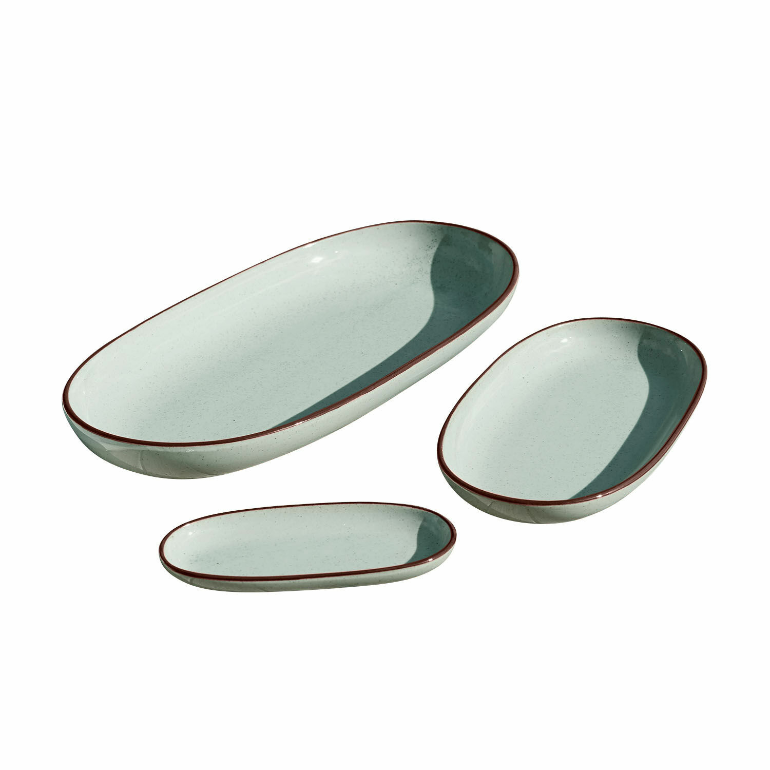 turquoise Set van 3 turquoise keramische serveerschalen Biarritz met bruine rand