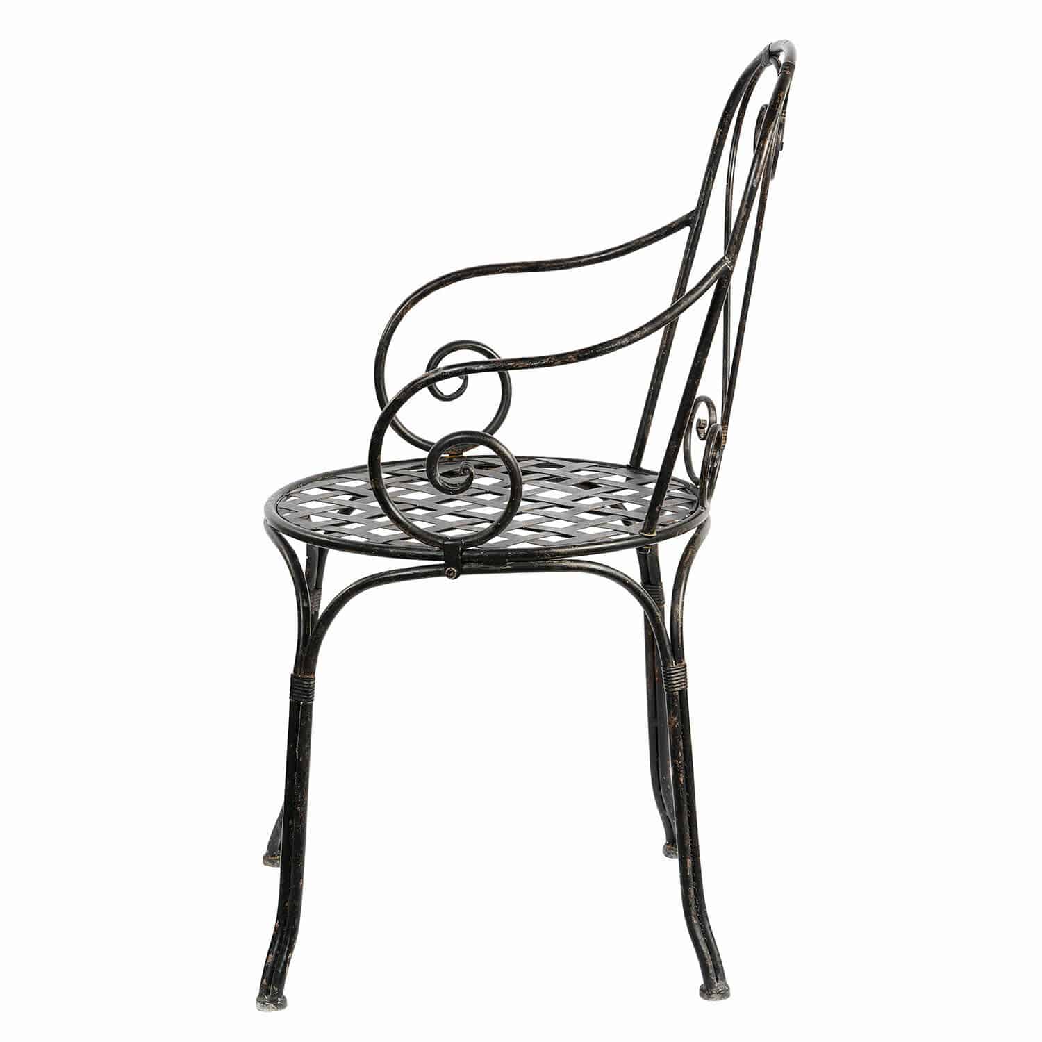 noir vieilli Chaise Aube en métal noir antique avec accoudoirs courbés et assise ajourée décorative