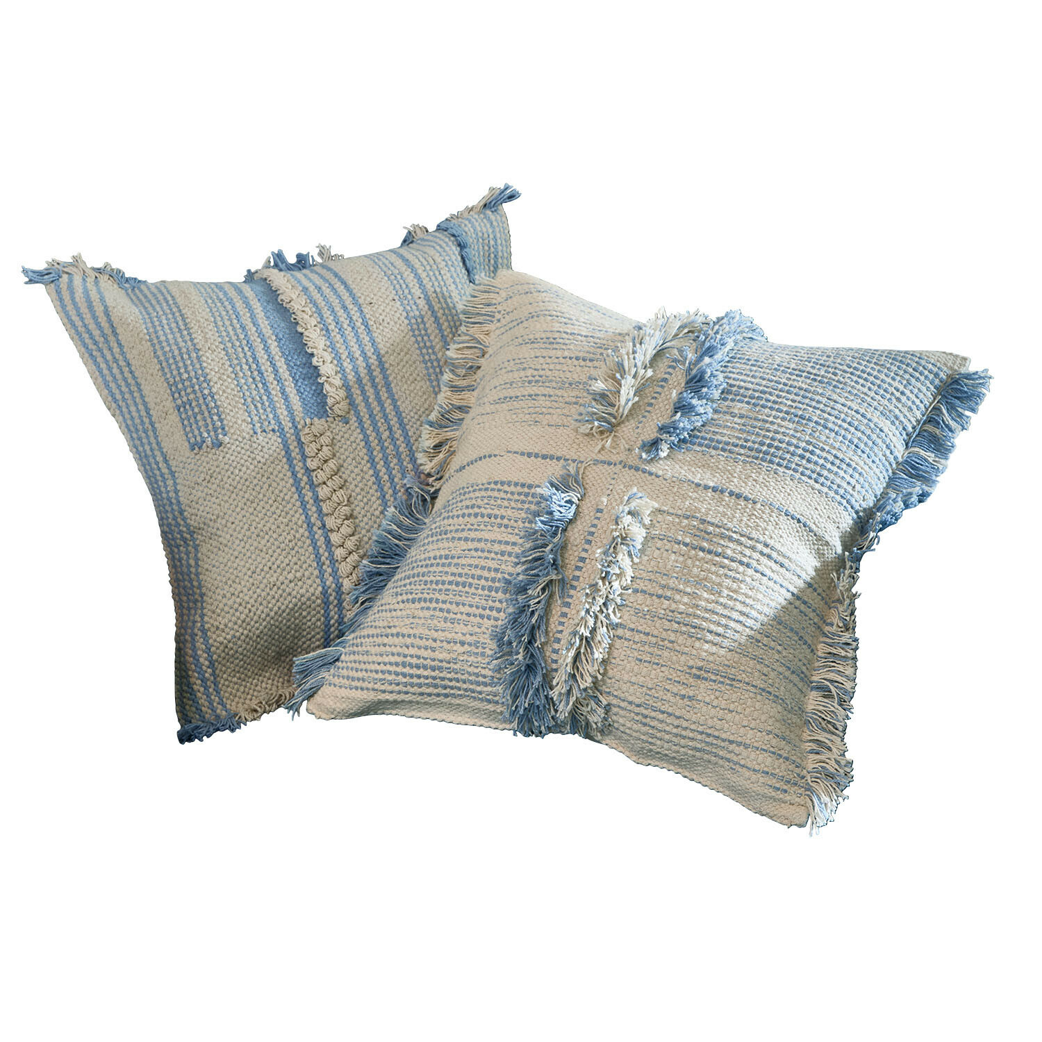 Lot de 2 housses de coussins Ciel d'Azur Deux coussins décoratifs en coton crème et bleu à rayures avec franges, doux et élégants
