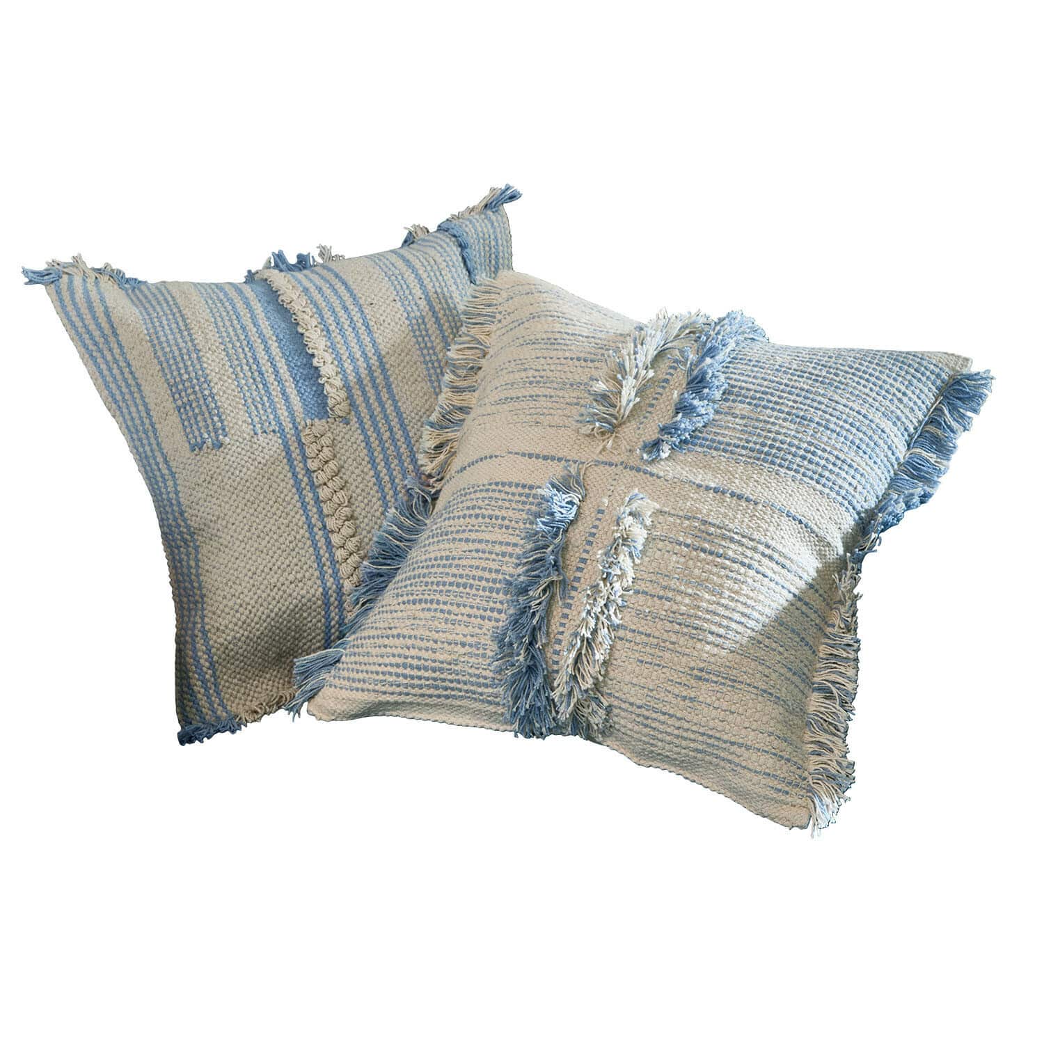 Lot de 2 housses de coussins Ciel d'Azur Deux coussins décoratifs en coton crème et bleu à rayures avec franges, doux et élégants