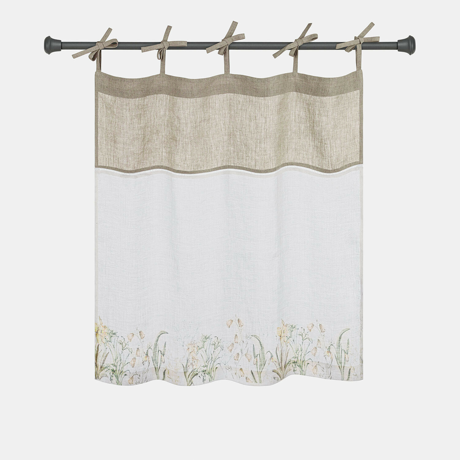 Rideau Lozere en lin beige et marron avec motif floral, voilage décoratif pour cuisine