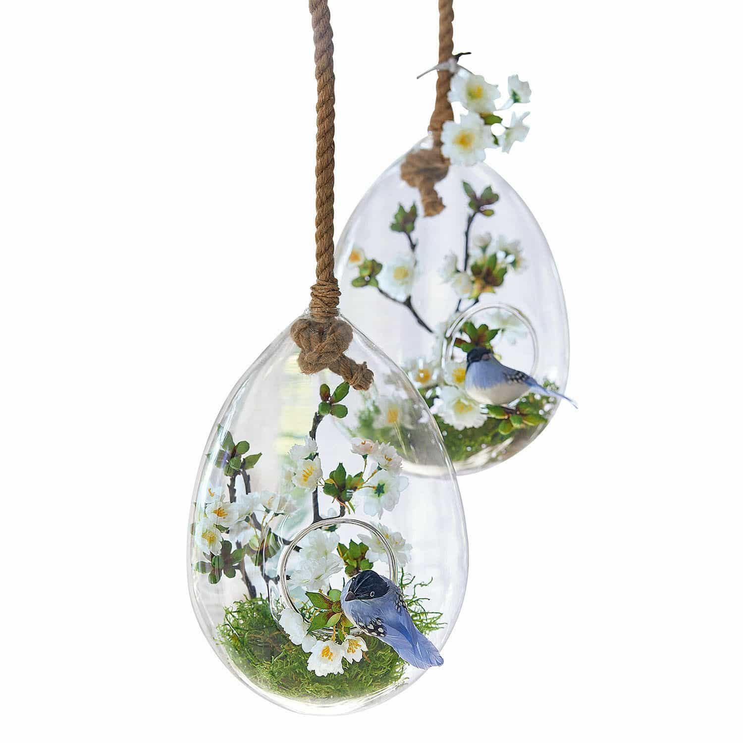Lot de 2 œufs en verre Noam Décorations suspendues en verre avec fleurs blanches et oiseau bleu sur corde en jute pour intérieur et jardin