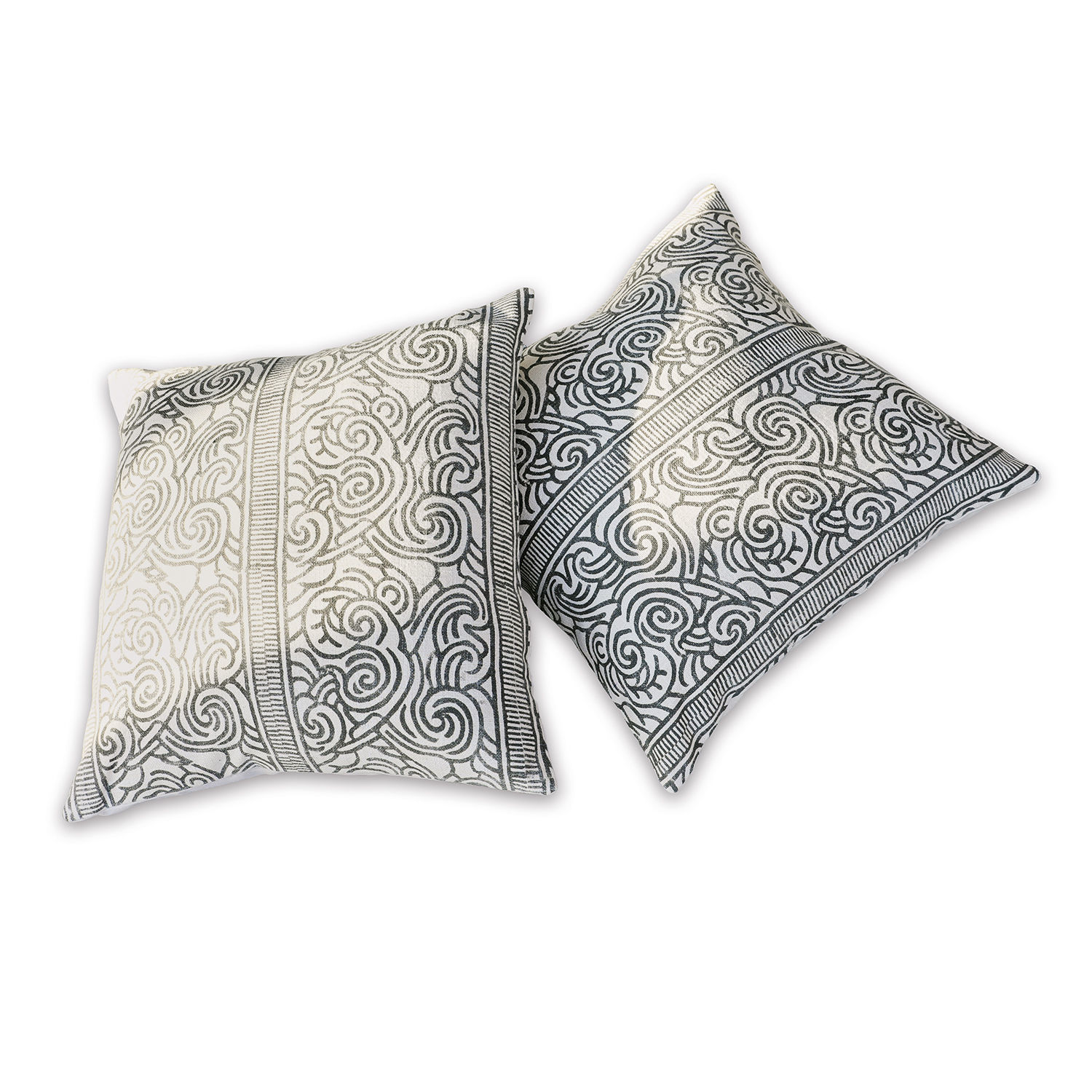 Lot de 2 housses de coussins Ensis Deux coussins décoratifs en coton blanc avec motif spirale noir pour salon moderne