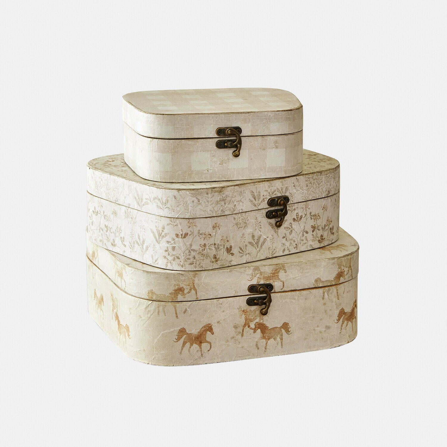 Ensemble de trois boîtes décoratives en papier beige avec motifs de chevaux et plantes, boîtes de rangement élégantes