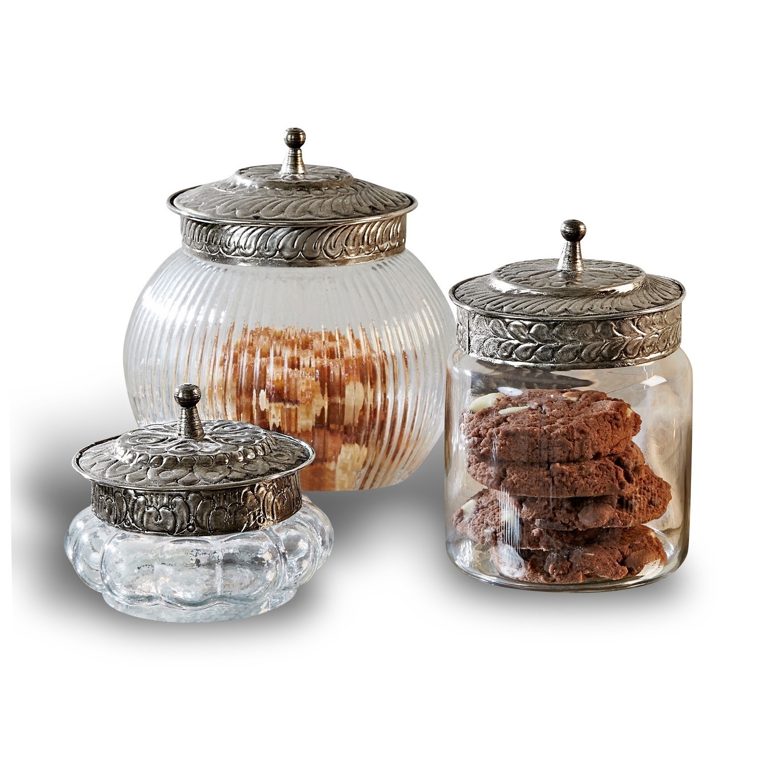 Pot set van 3 Plévin Set van drie glazen potten met decoratieve metalen deksels voor koekjes en snacks