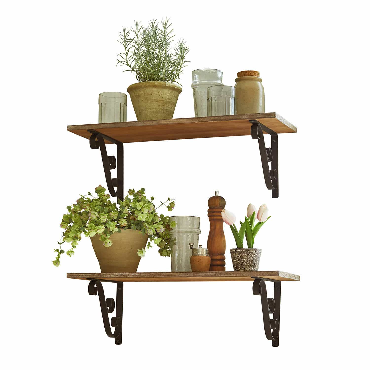 Wandplank set van 2 Dravile Houten wandplanken met metalen beugels, gedecoreerd met bloempotten en glazen potten