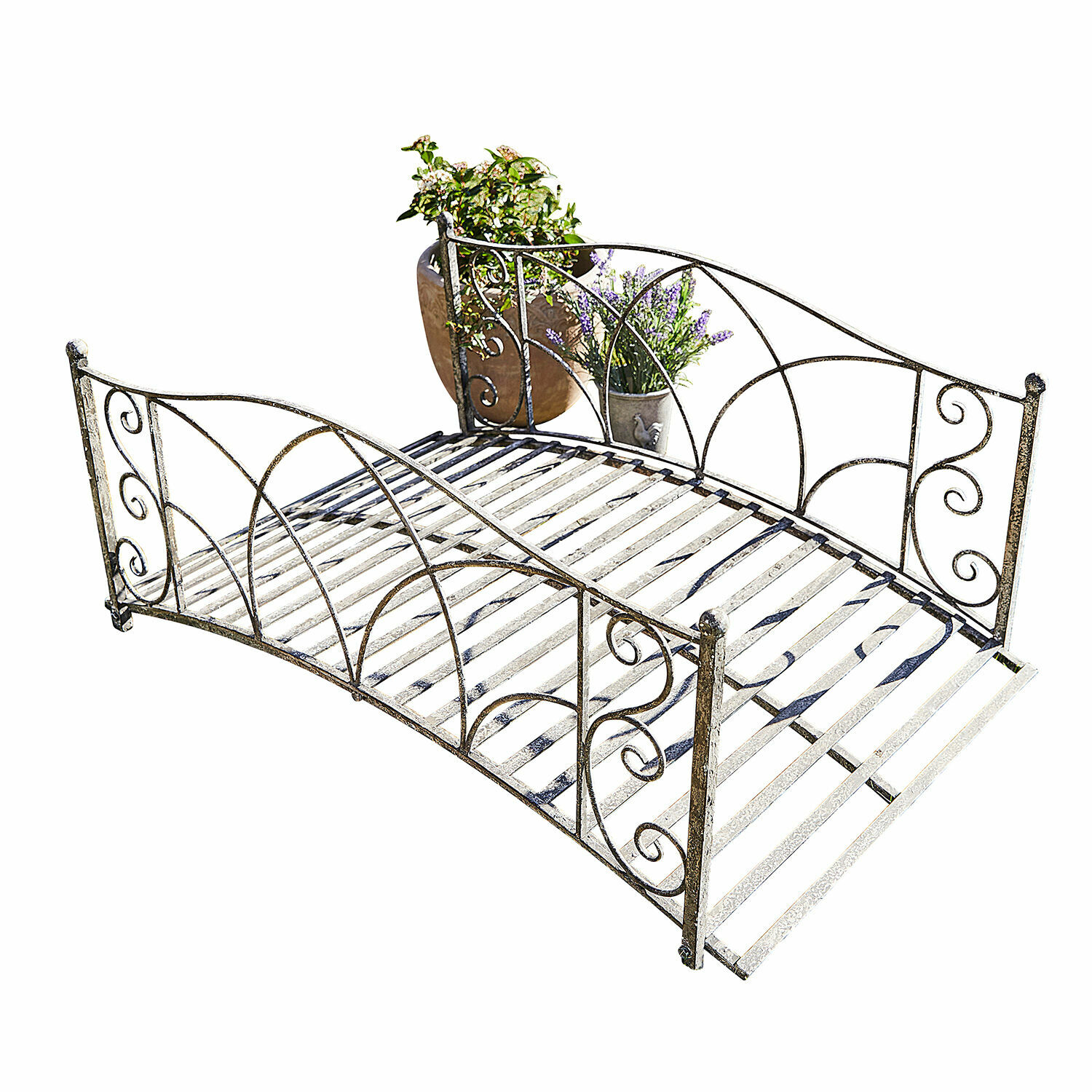 Pont décoratif Escàs Banc de jardin en métal style vintage avec décorations ornementales et espace pour plantes
