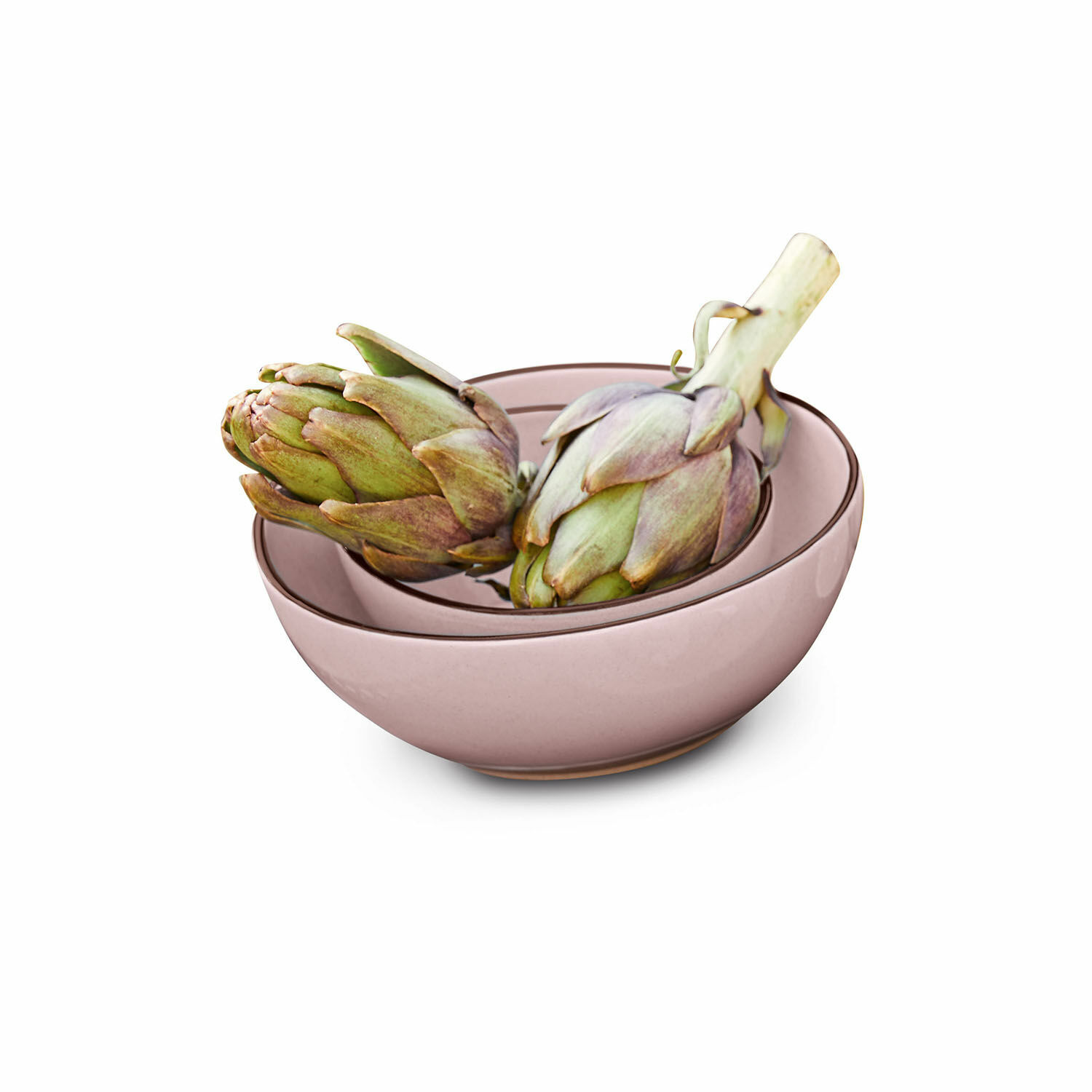 Ensemble de deux bols en céramique Biarritz rose avec artichauts verts, décoration de cuisine moderne