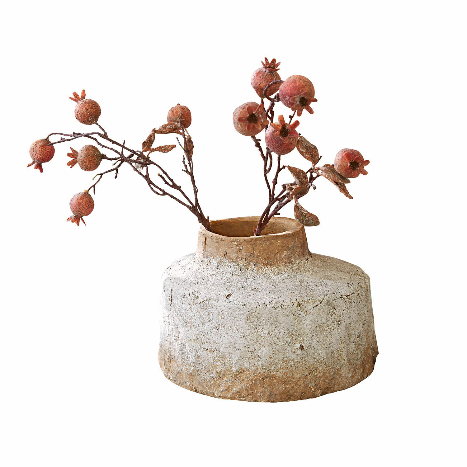 Vaas Sévrac Rustieke beige keramische vaas met decoratieve takken en rode granaatappels