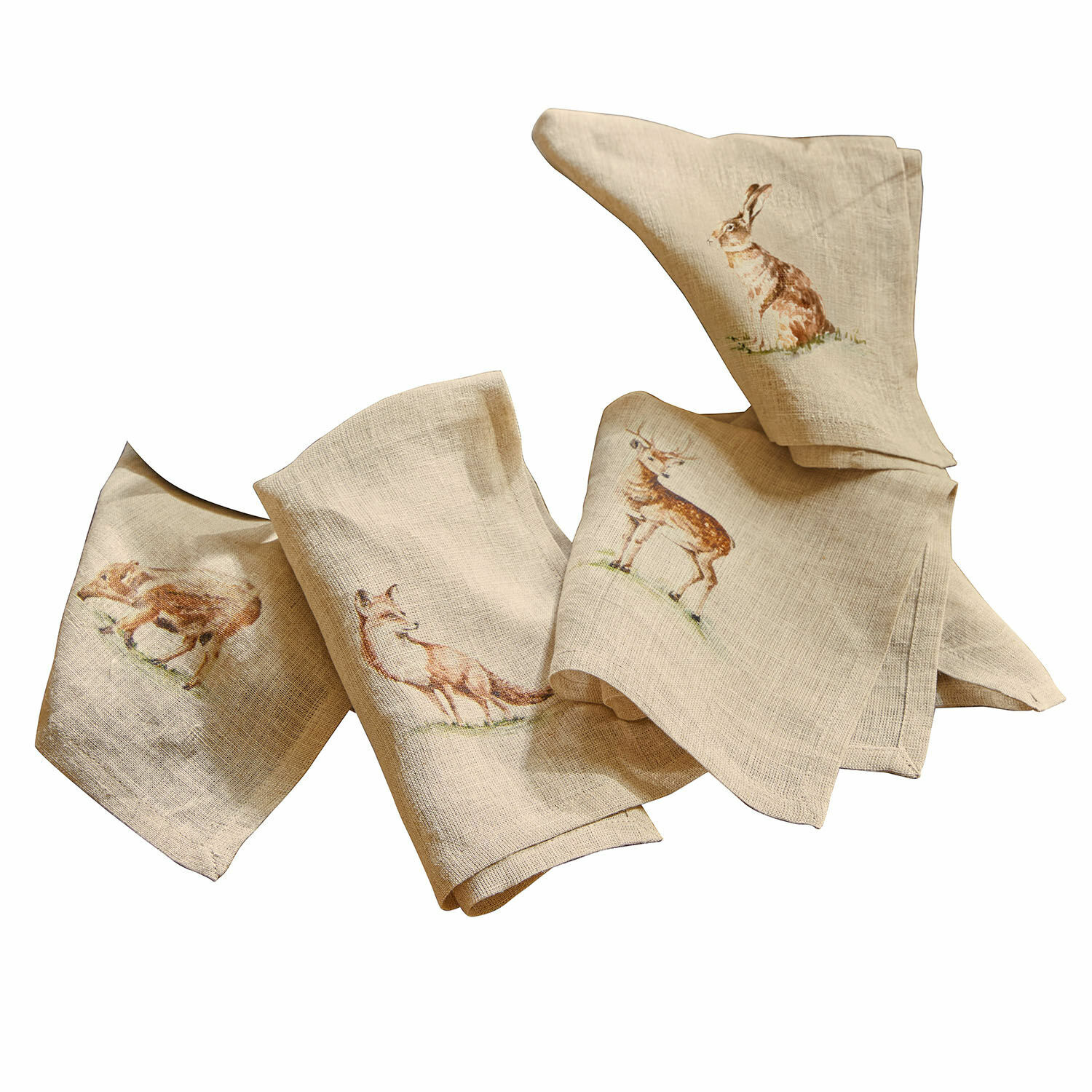Servet set van 4 Doucier Beige linnen servetten met bosdierenprint, perfect voor herfstige tafeldecoratie