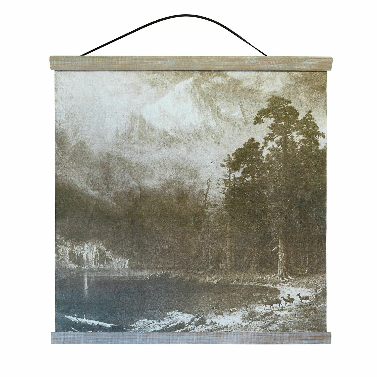 Afbeelding Belle Horizon Wanddoek met berglandschap en herten, natuurlijke kleuren, rustieke wanddecoratie