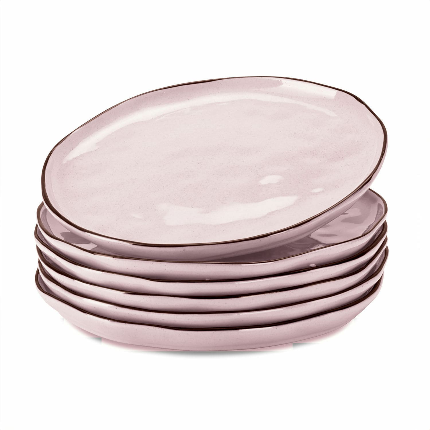 Bord set van 6 Biarré Set van zes roze keramische borden met bruine rand voor de eettafel