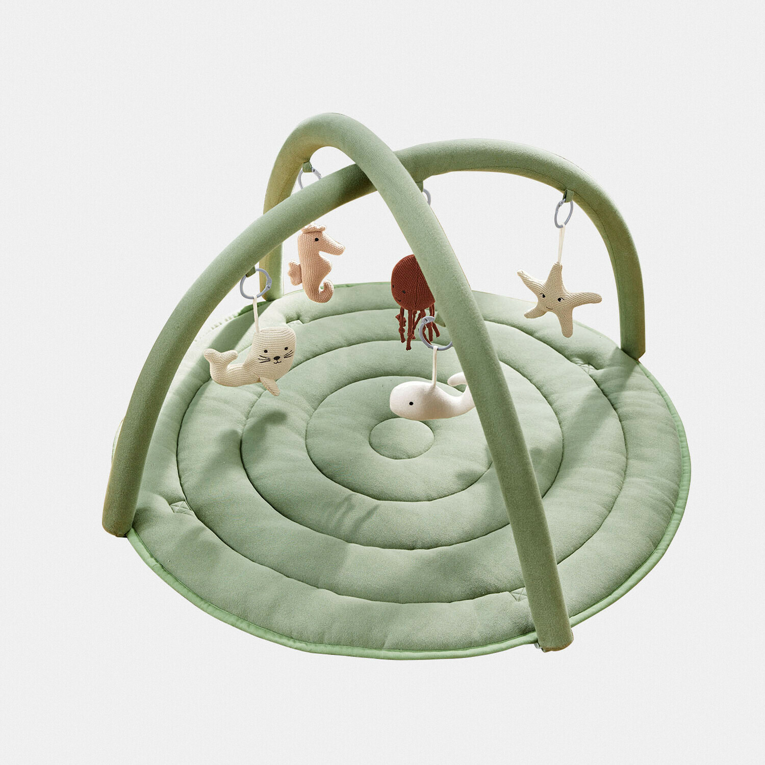 Arche de jeu Bubbilo Tapis de jeu vert doux avec arches et jouets suspendus en forme d'animaux marins pour bébé