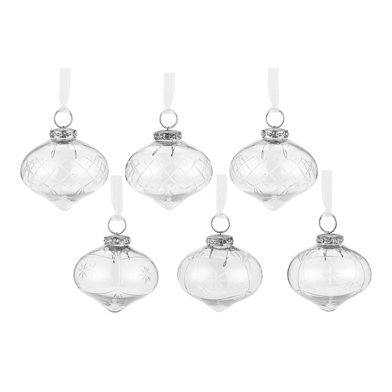 Lot de 6 décorations de Noël Cheshire Ensemble de six décorations de Noël en verre transparent avec rubans blancs et motifs délicats