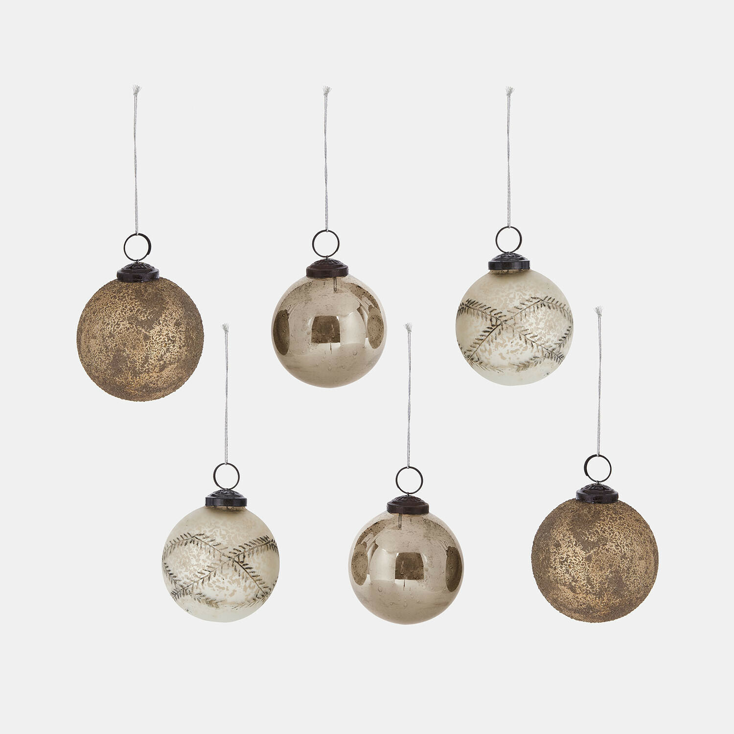 Kerstbal set van 6 Fioravino Set van zes gouden glazen kerstballen met verschillende texturen voor feestelijke decoratie