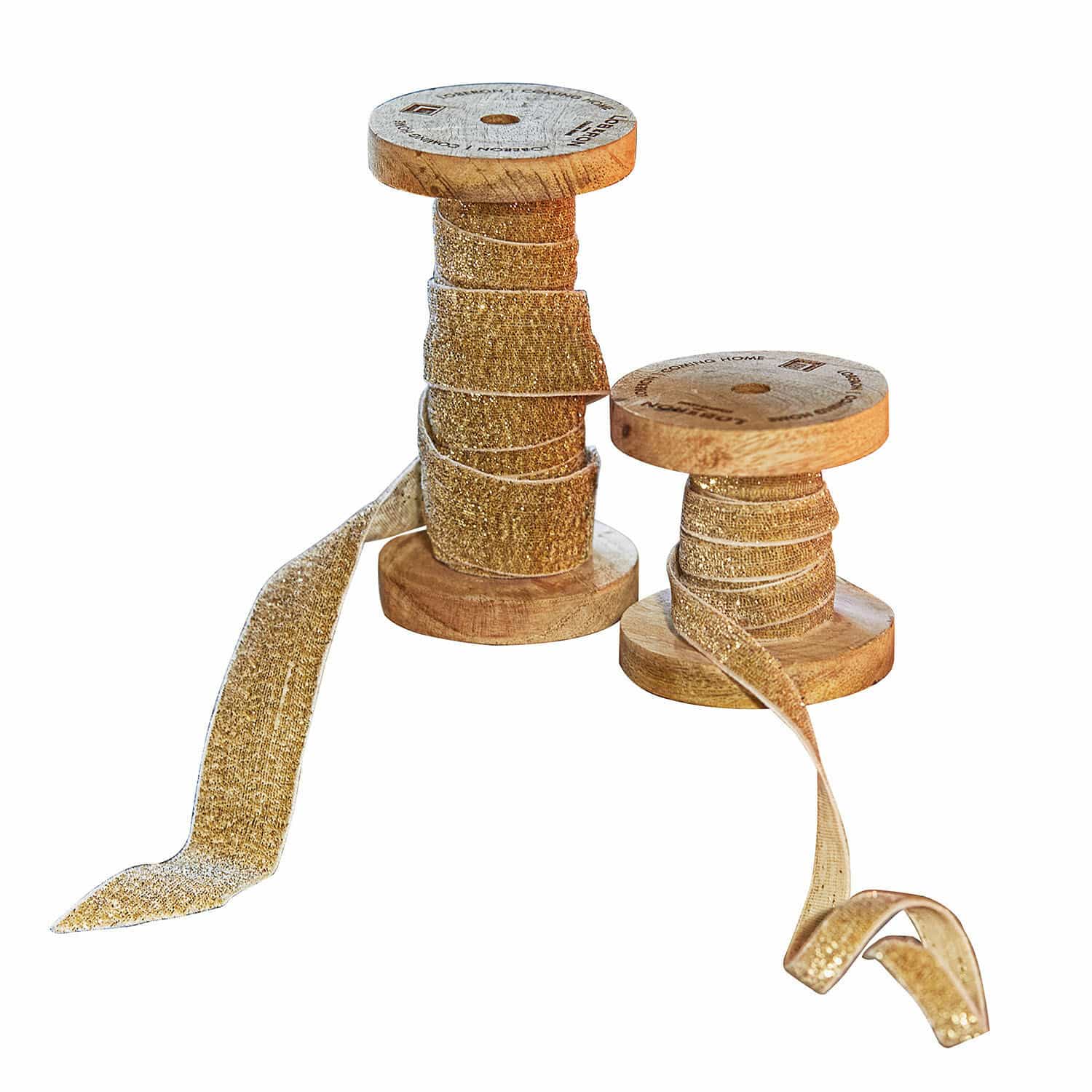 goudkleurig Set van 2 gouden fluwelen linten op houten spoelen voor decoratie en knutselen
