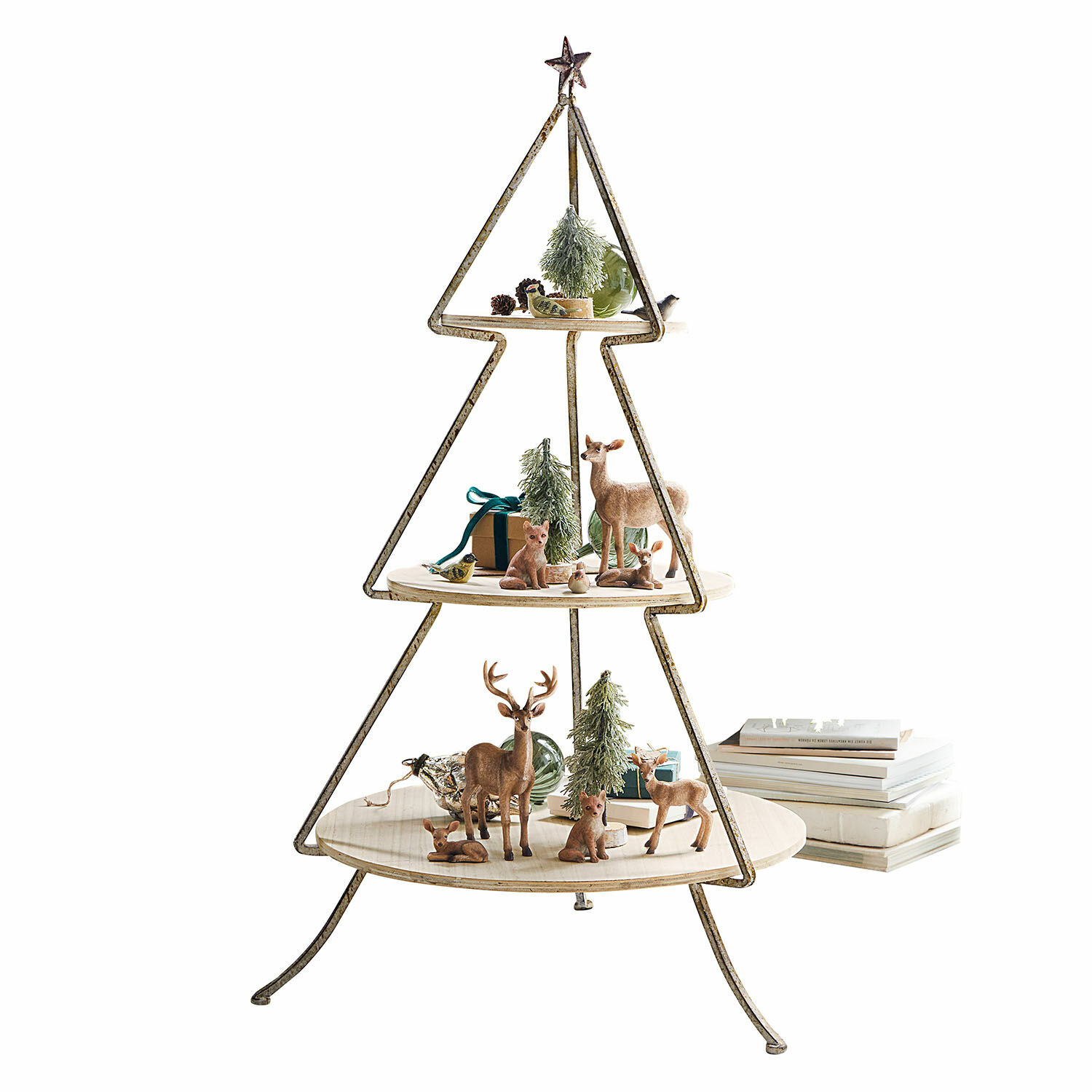 Etagère Wélonice Metalen plank in kerstboomvorm met houten planken en kerstdecoraties met rendieren