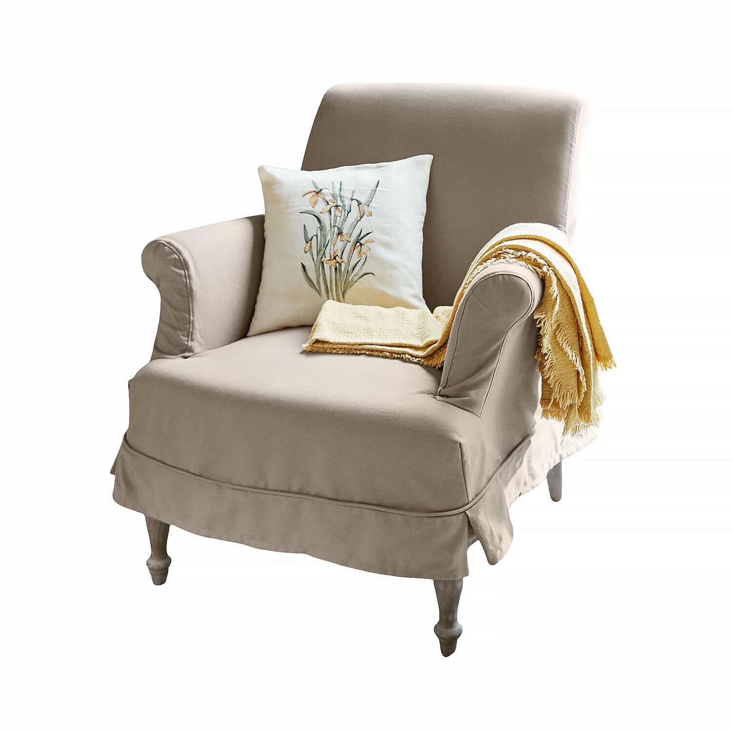 Fauteuil Everleighs Beige stoffen fauteuil met bloemkussen en gele deken, comfortabele woonkamermeubel